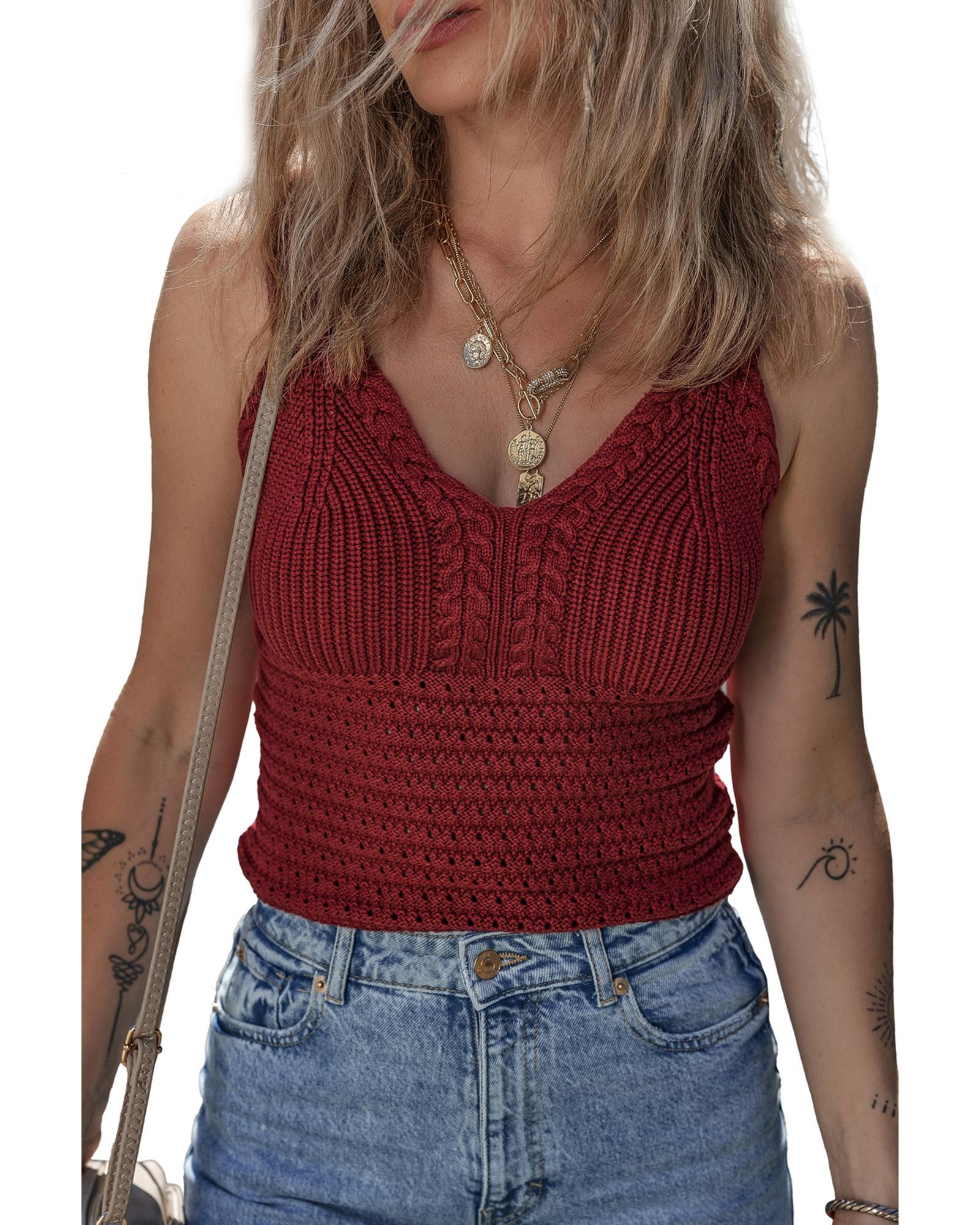 V539-AZEXDC276617-P503-L-202508280230-00 Burgundy Cable Knit Pointelle Slim Fit V Neck Sweater Vest - L - Image 1