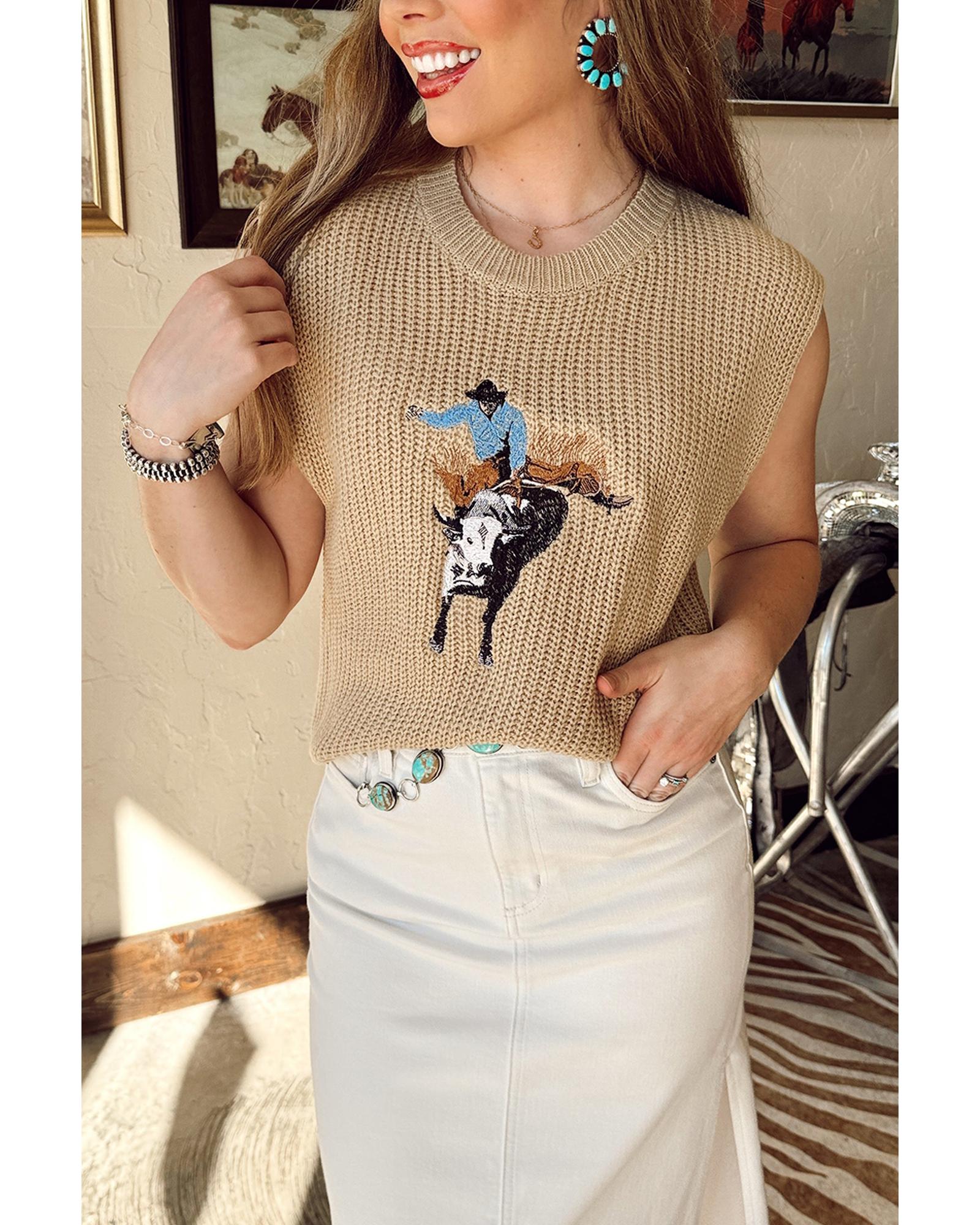 V539-AZEXDC276760-P6016-M-202508291405-00 Parchment Western Cowboy Embroidery Round Neck Sleeveless Sweater - M - Image 1