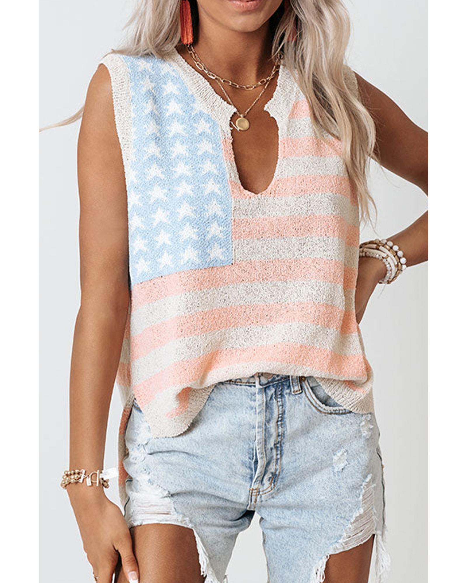 V539-AZEXDC276792-P1520-M-202508280930-00 Beige USA Flag Notched Neckline Loose Sweater Vest - M - Image 1