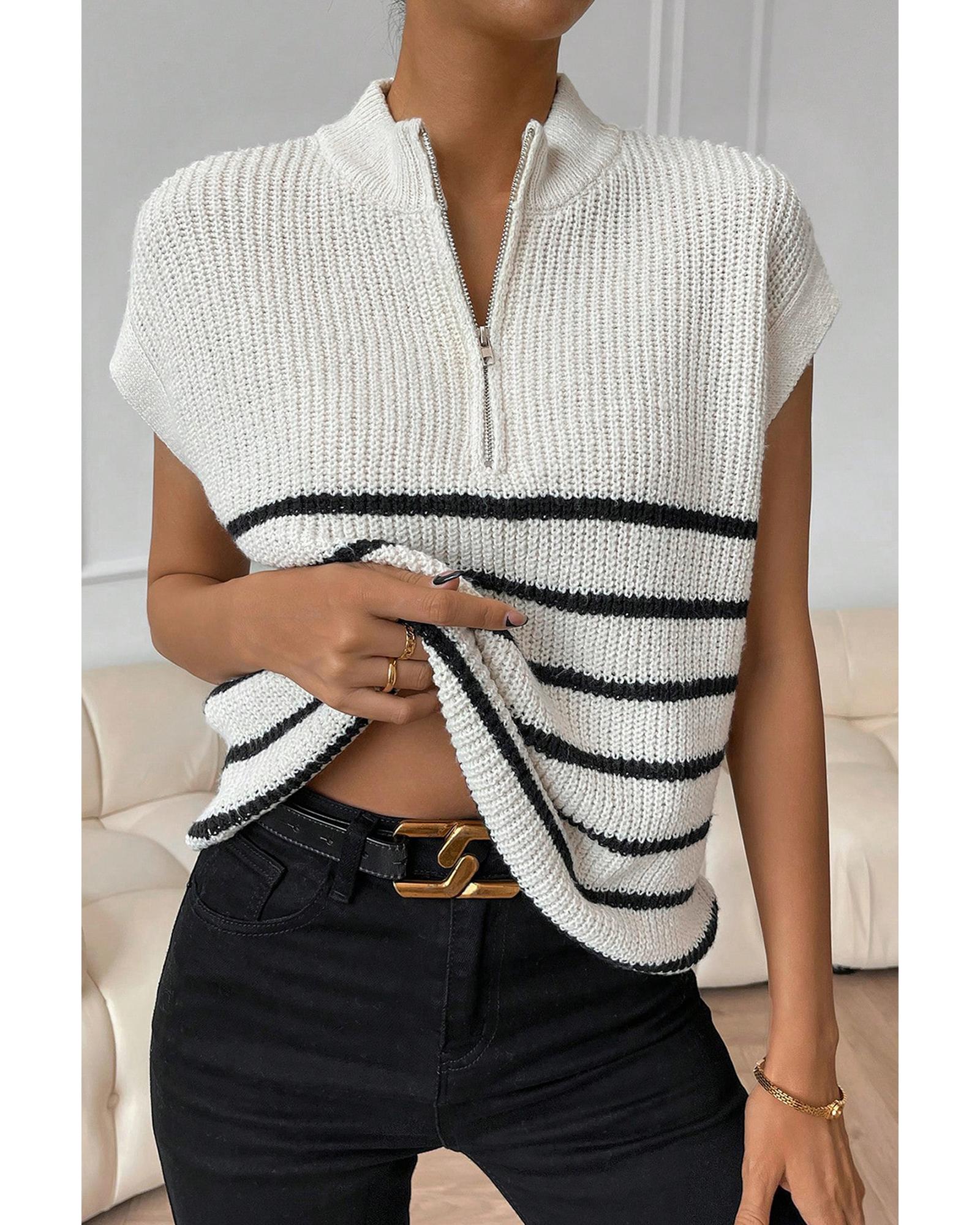 V539-AZEXDC277036-P119-L-202506140252-00 White Stripe Half Zip Split Stand Neck Sweater T-shirt - L - Image 1