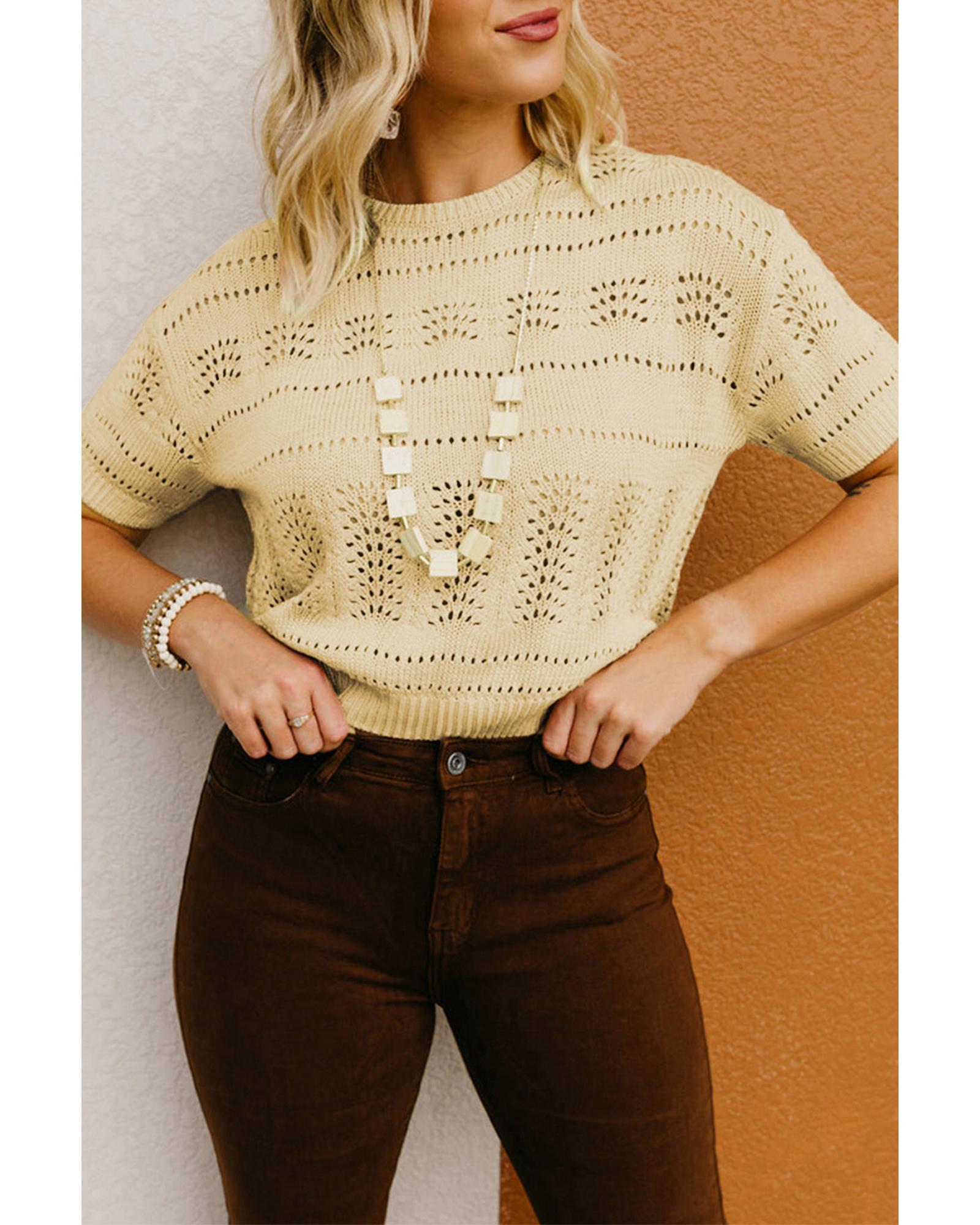 V539-AZEXDC277041-P15-S-202506140306-00 Beige Knitted Hollow out Short Sleeve Crop Sweater - S - Image 1