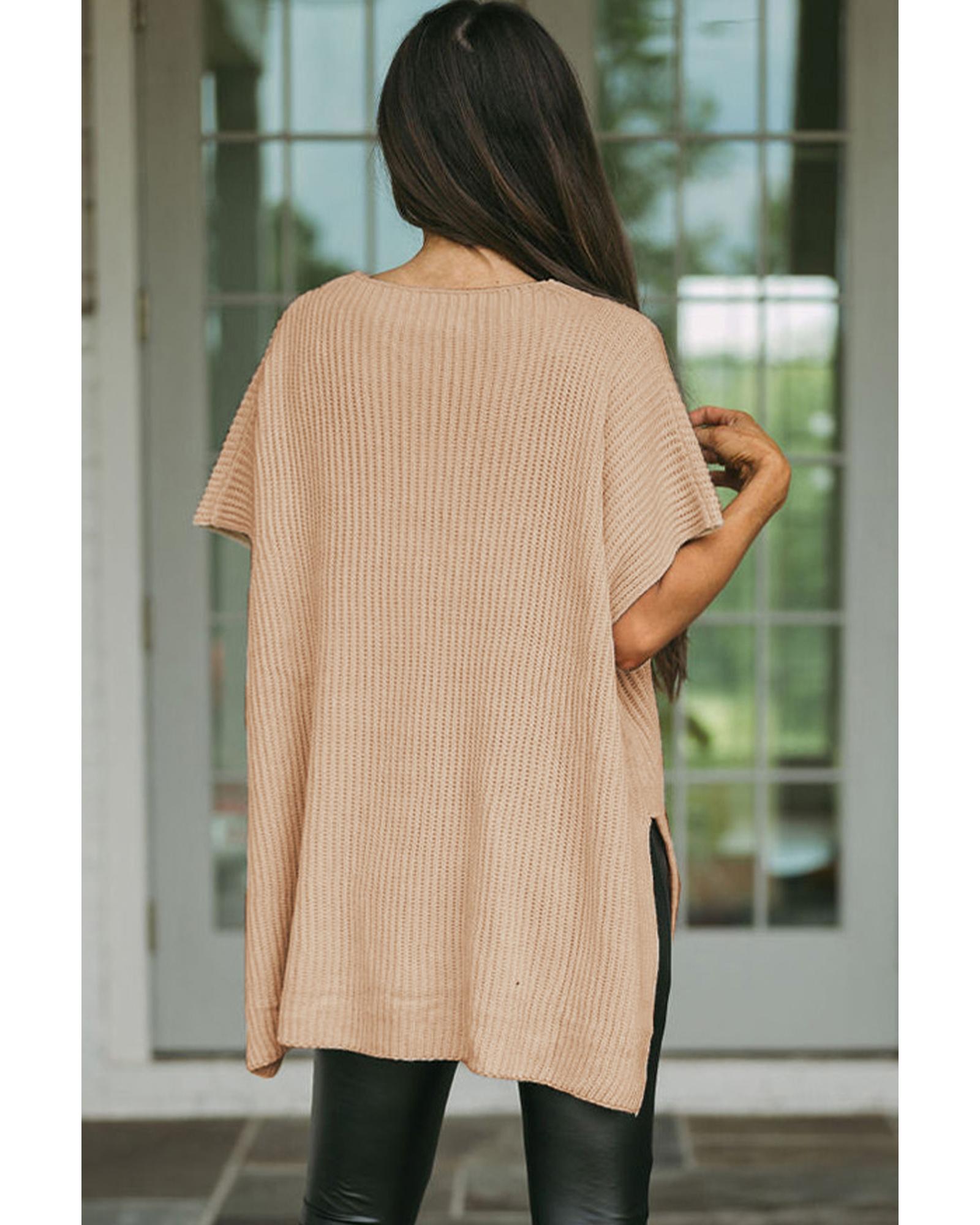 V539-AZEXDC277051-P18-M-202506140316-00 Apricot Short Sleeve Side Slit Oversized Sweater - M - Image 1