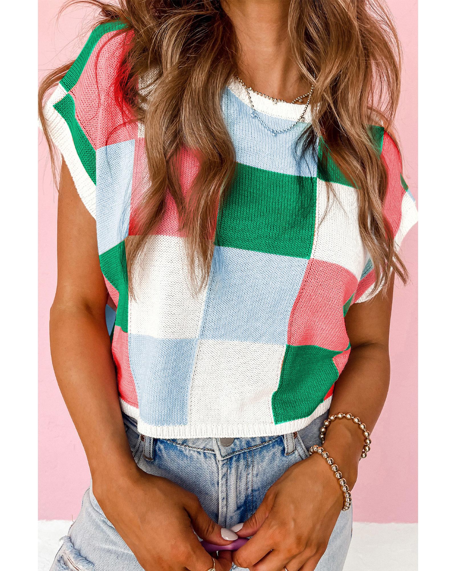 V539-AZEXDC277059-P209-XL-202506140321-00 Dark Green Color Block Cap Sleeve Sweater - XL - Image 1