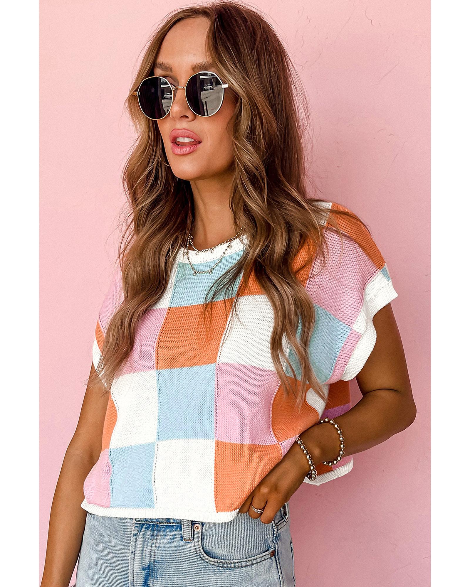 V539-AZEXDC277059-P3014-S-202508291810-00 Grapefruit Orange Color Block Cap Sleeve Sweater - S - Image 1