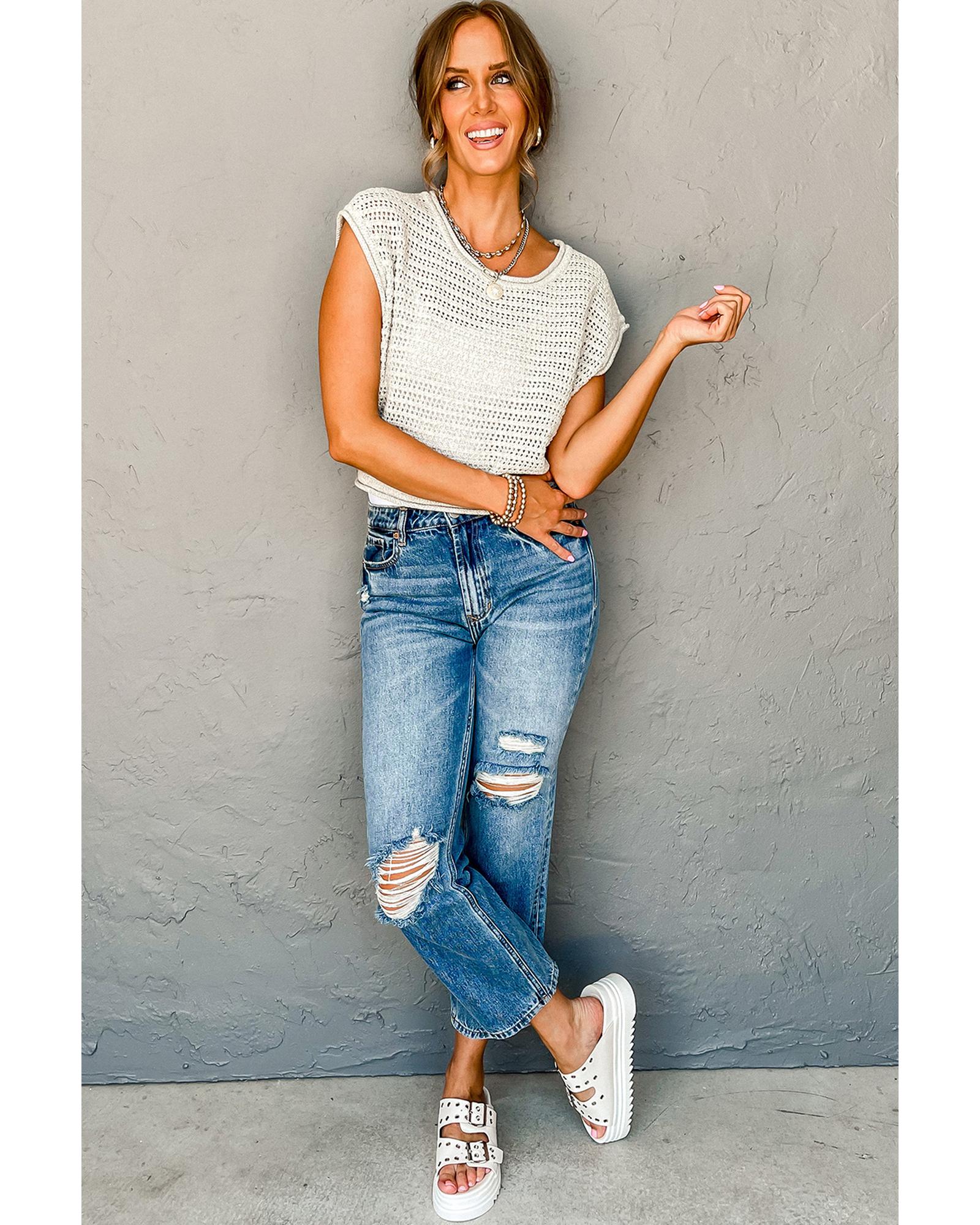 V539-AZEXDC277063-P1-XL-202508281040-00 White Hollow Out Knit Cap Sleeve Sweater - XL - Image 1