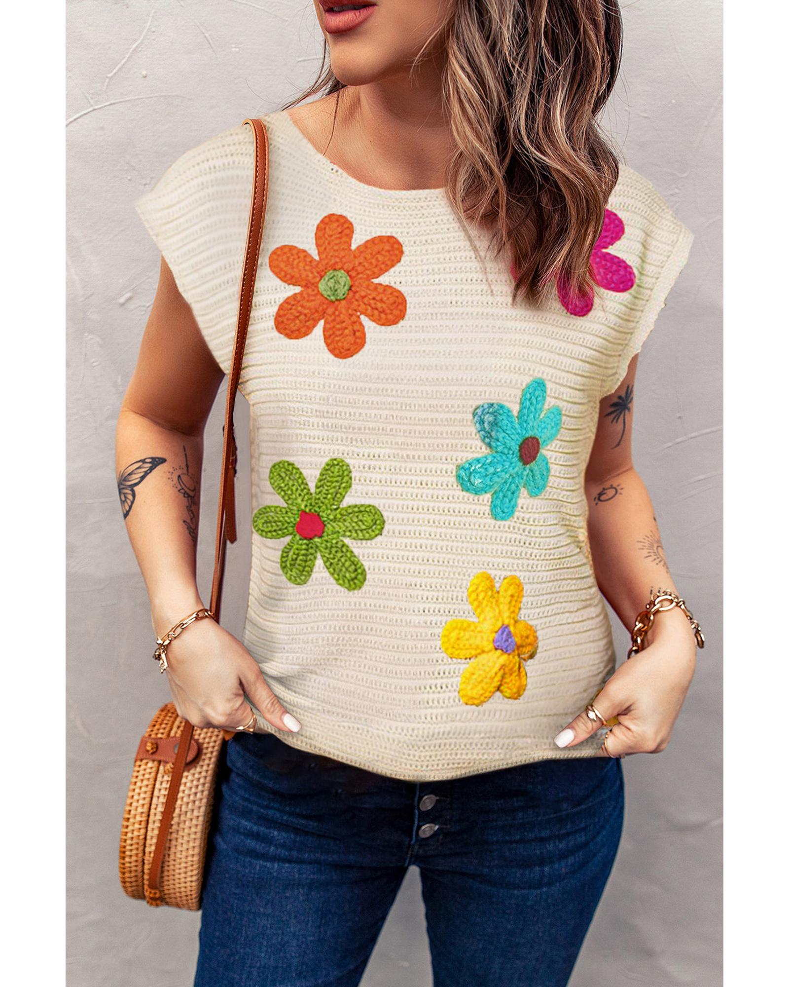 V539-AZEXDC277168-P1-XL-202508281150-00 White Flower Crochet Round Neck Knitted Top - XL - Image 1