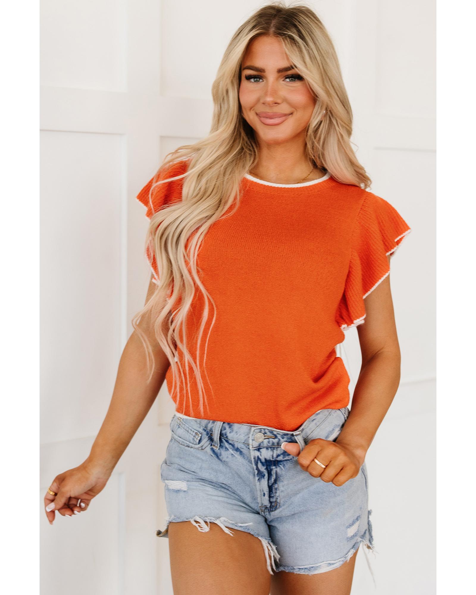 V539-AZEXDC277170-P7014-XL-202508291450-00 Russet Orange Contrast Trim Ruffle Sleeve Knitted Top - XL - Image 1