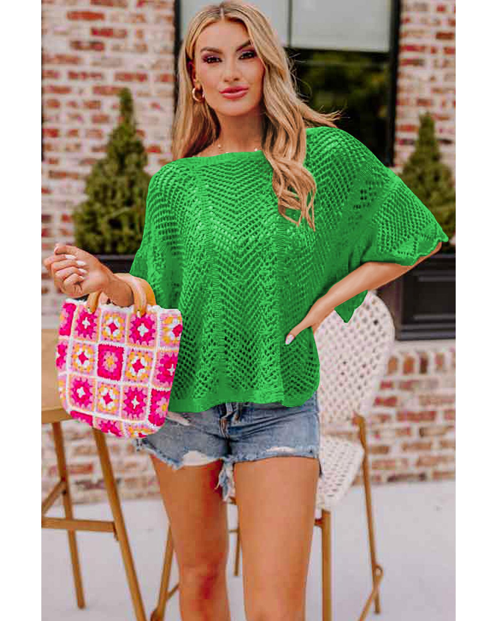 V539-AZEXDC277224-P9-XL-202508300110-00 Green Pointelle Knit Scallop Edge Short Sleeve Top - XL - Image 1