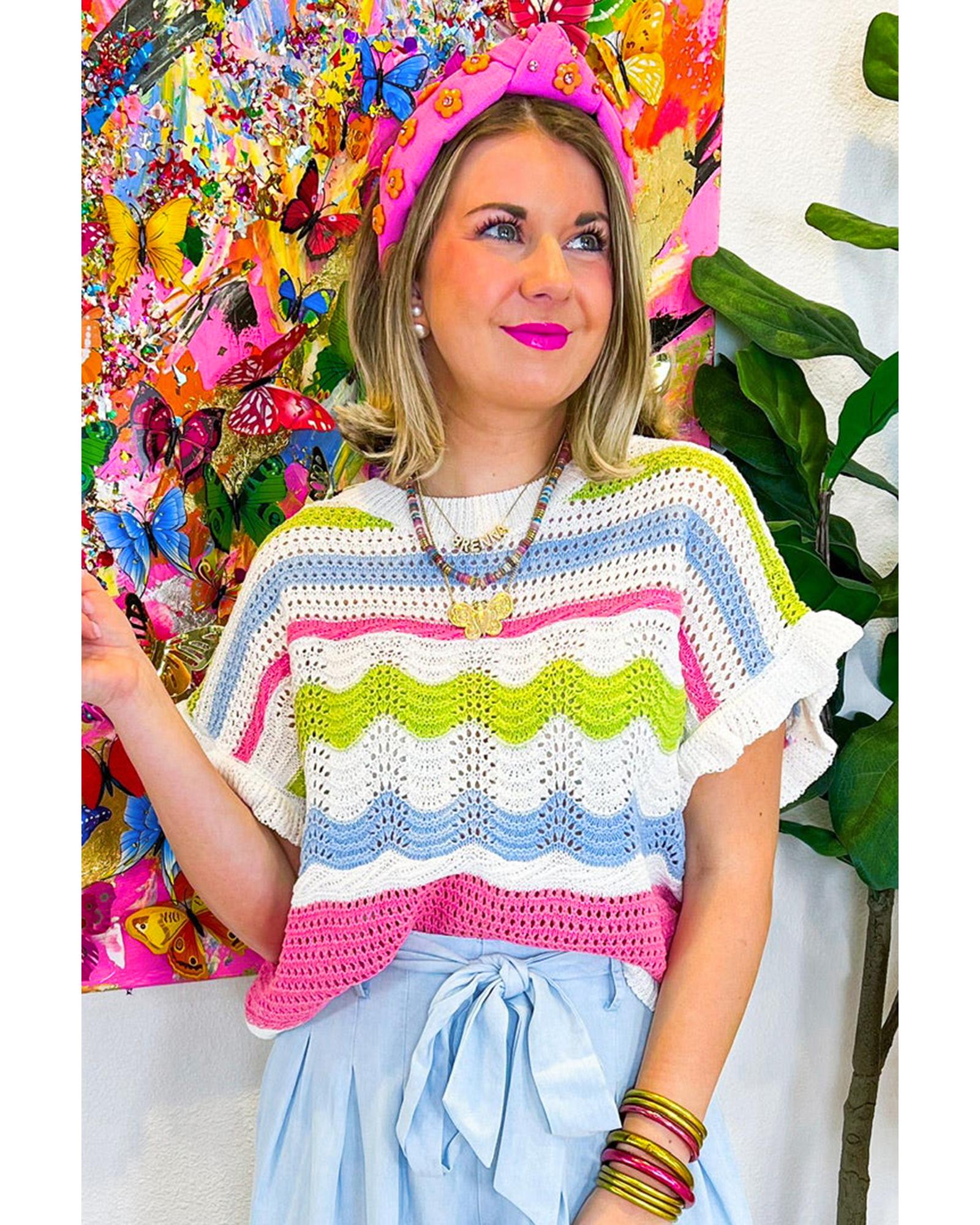 V539-AZEXDC277258-P1-S-202506191821-00 White Colorblock Crochet Knit Ruffled Short Sleeve Sweater Top - S - Image 1