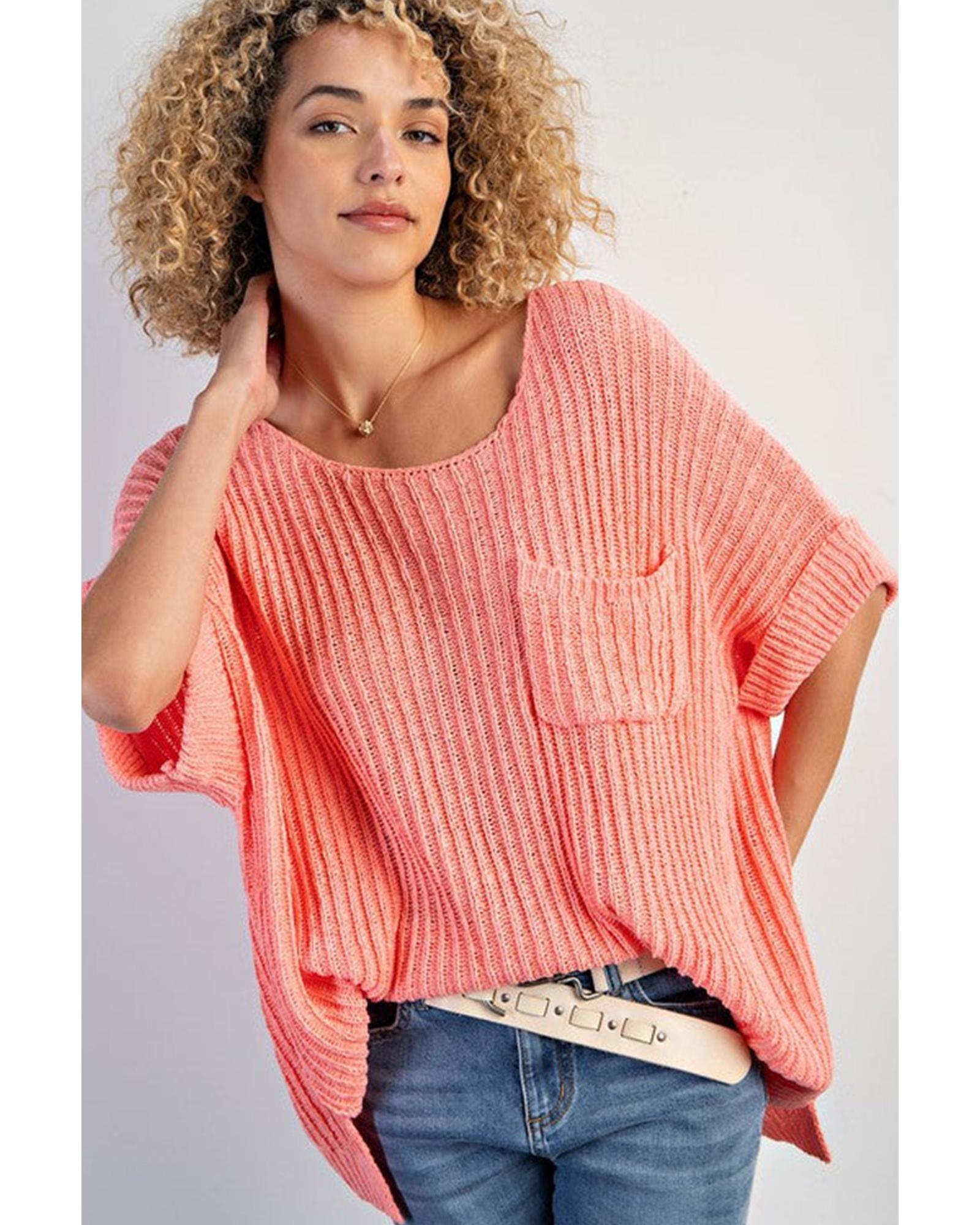 V539-AZEXDC277263-P7010-L-202508280340-00 Fresh Salmon Rolled Cuffs Loose Knit Tee with Slits - L - Image 1