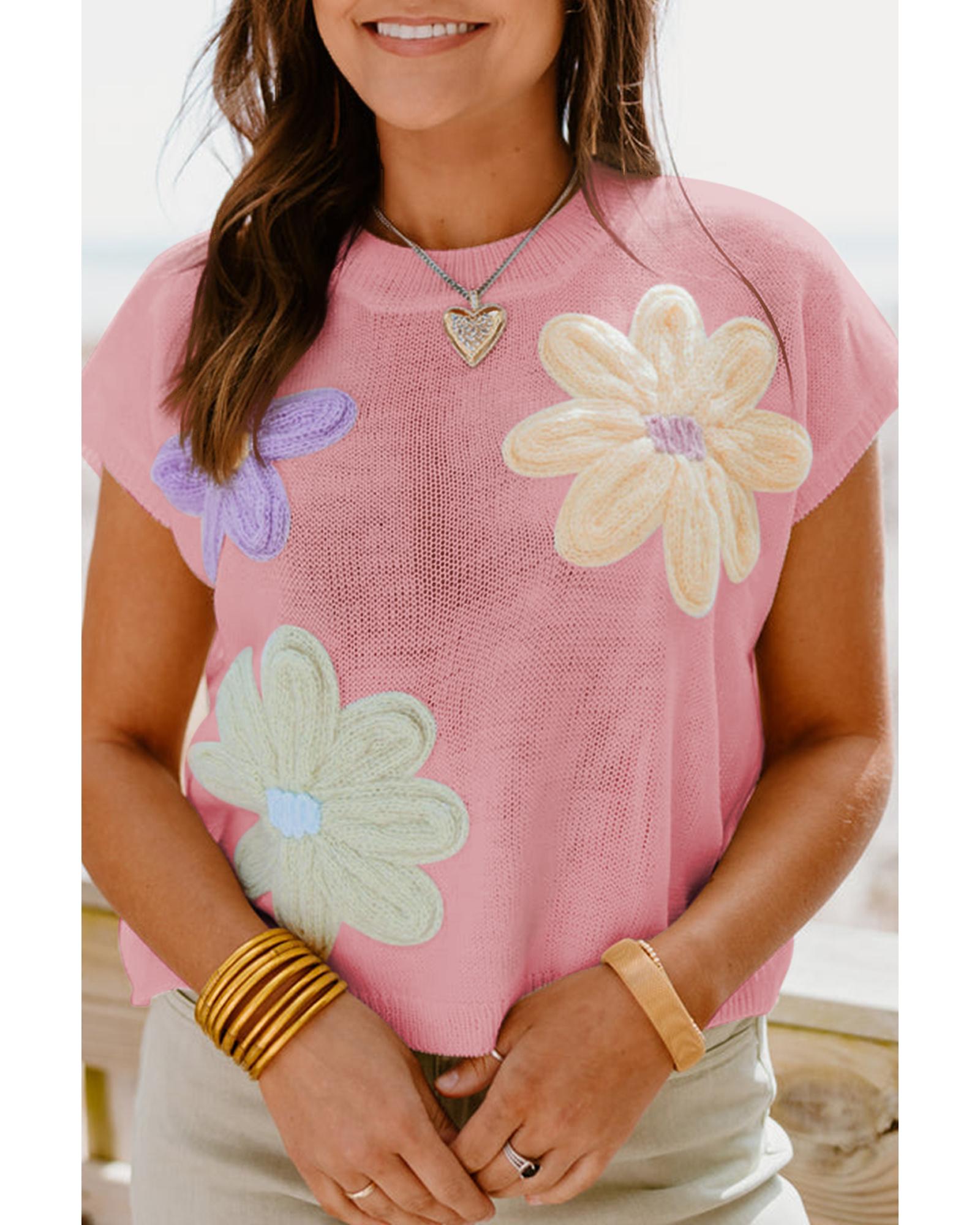 V539-AZEXDC277279-P10-M-202508280600-00 Pink Multi Crochet Flower Knit Short Sleeve Sweater Top - M - Image 1