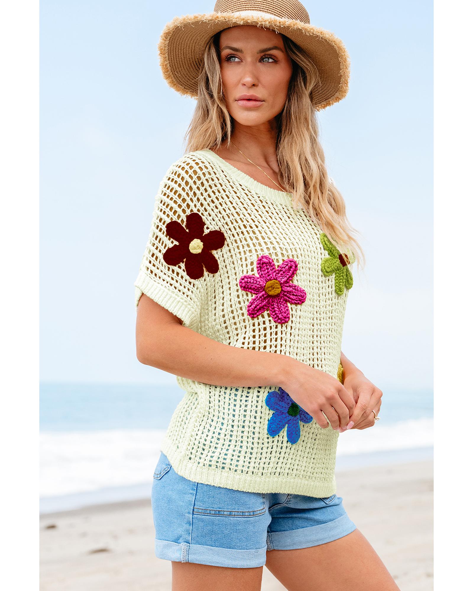 V539-AZEXDC277301-P1-M-202508290250-00 White Crochet Flower Hollow-out Sweater T Shirt - M - Image 1