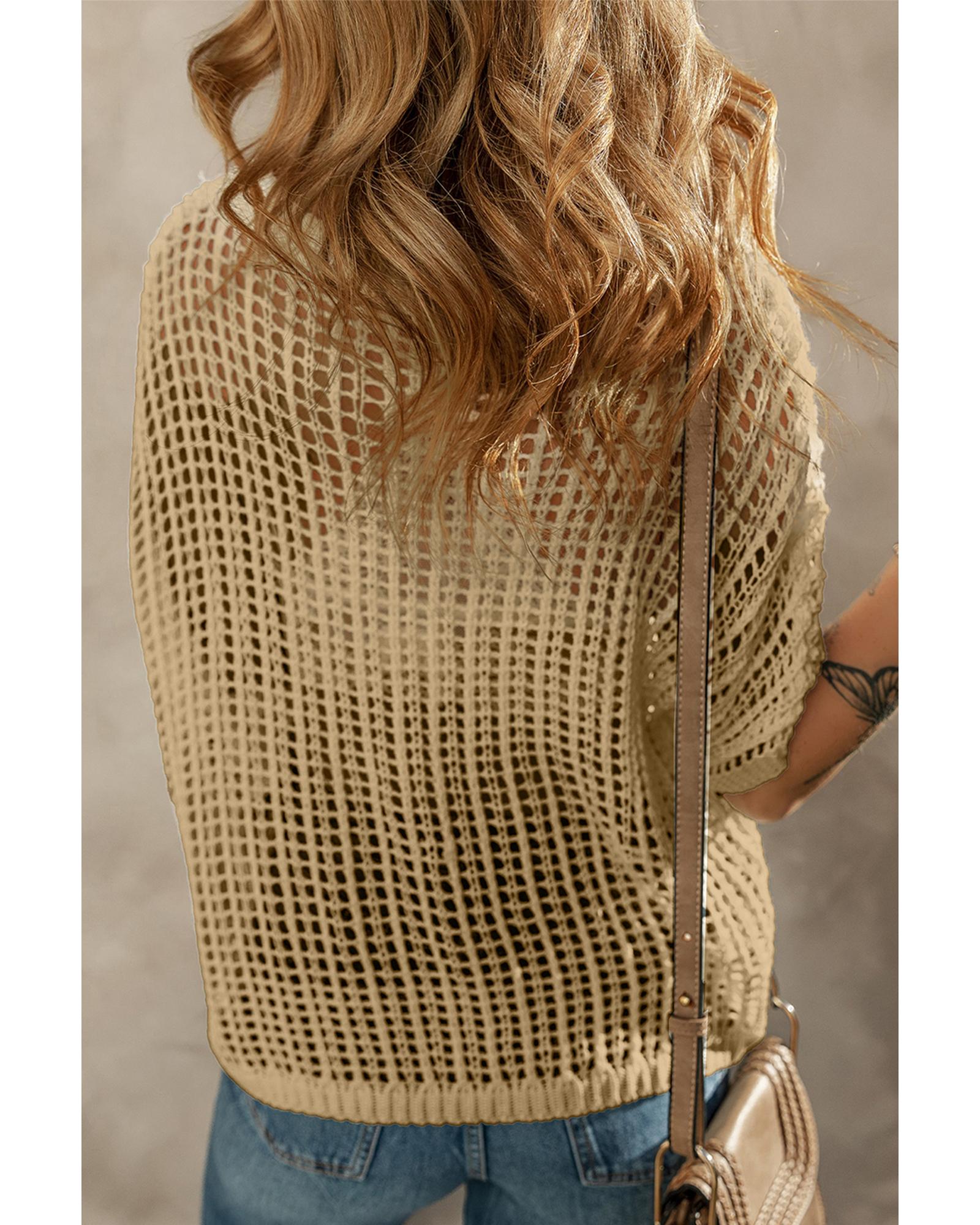 V539-AZEXDC277301-P4016-L-202508291425-00 Light French Beige Crochet Flower Hollow-out Sweater T Shirt - L - Image 1