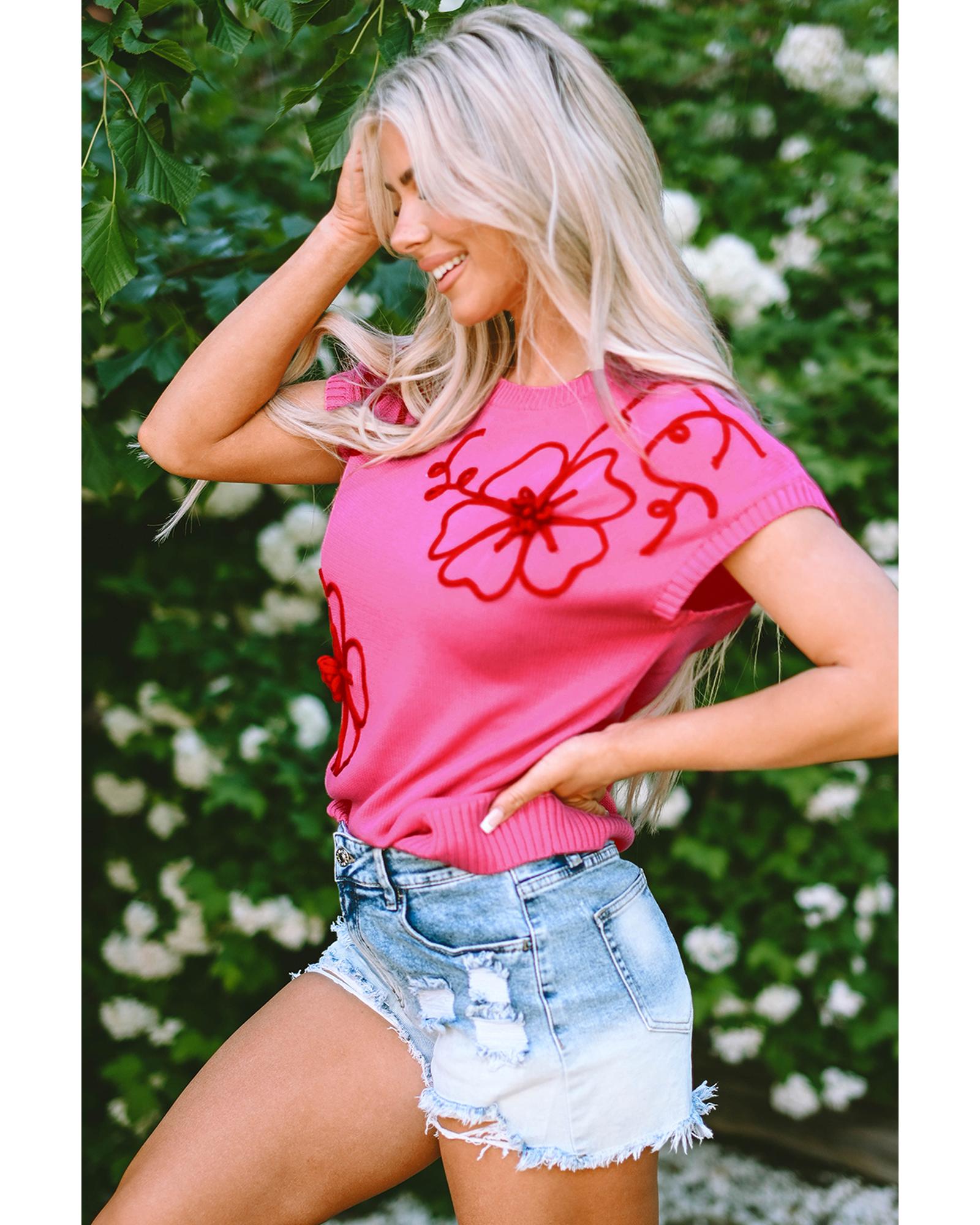 V539-AZEXDC277306-P106-L-202506140926-00 Bright Pink Flower Embroidery Short Sleeve Knitwear Top - L - Image 1
