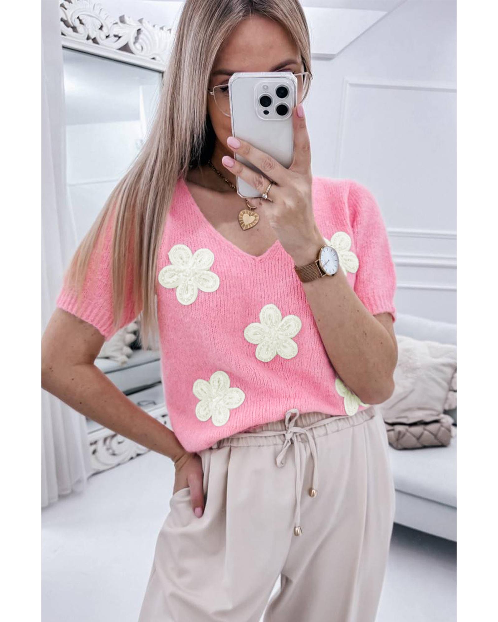 V539-AZEXDC277321-P10-XL-202508300555-00 Pink Flower Crochet V Neck Short Sleeve Sweater - XL - Image 1
