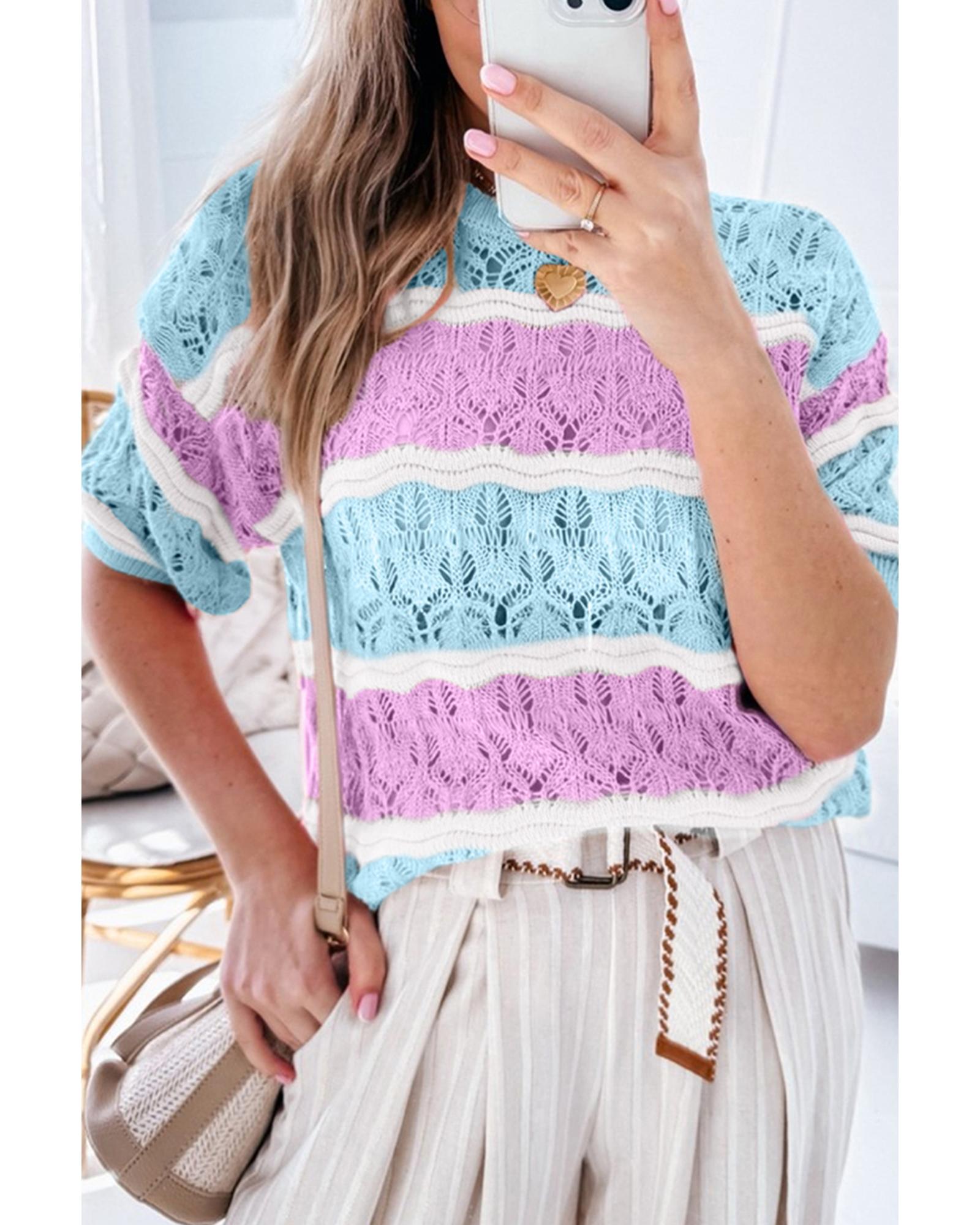 V539-AZEXDC277343-P819-M-202508280745-00 Purple Stripe Color Block Hollow Out Crochet Half Sleeve Sweater - M - Image 1