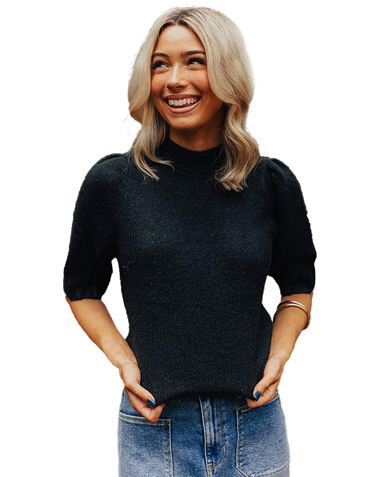 V539-AZEXDC277344-P2-L-202508281200-00 Black Knotted Keyhole Nape Short Sleeve Knit Sweater - L - Image 1