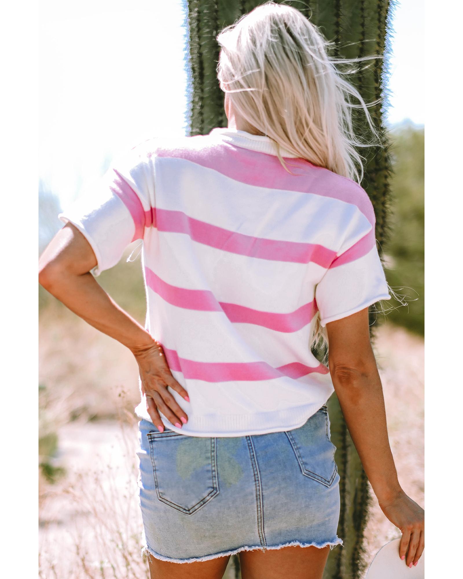 V539-AZEXDC277353-P1019-XL-202508291605-00 Pink Stripe Dropped Short Sleeve Lightweight Knitted Top - XL - Image 1