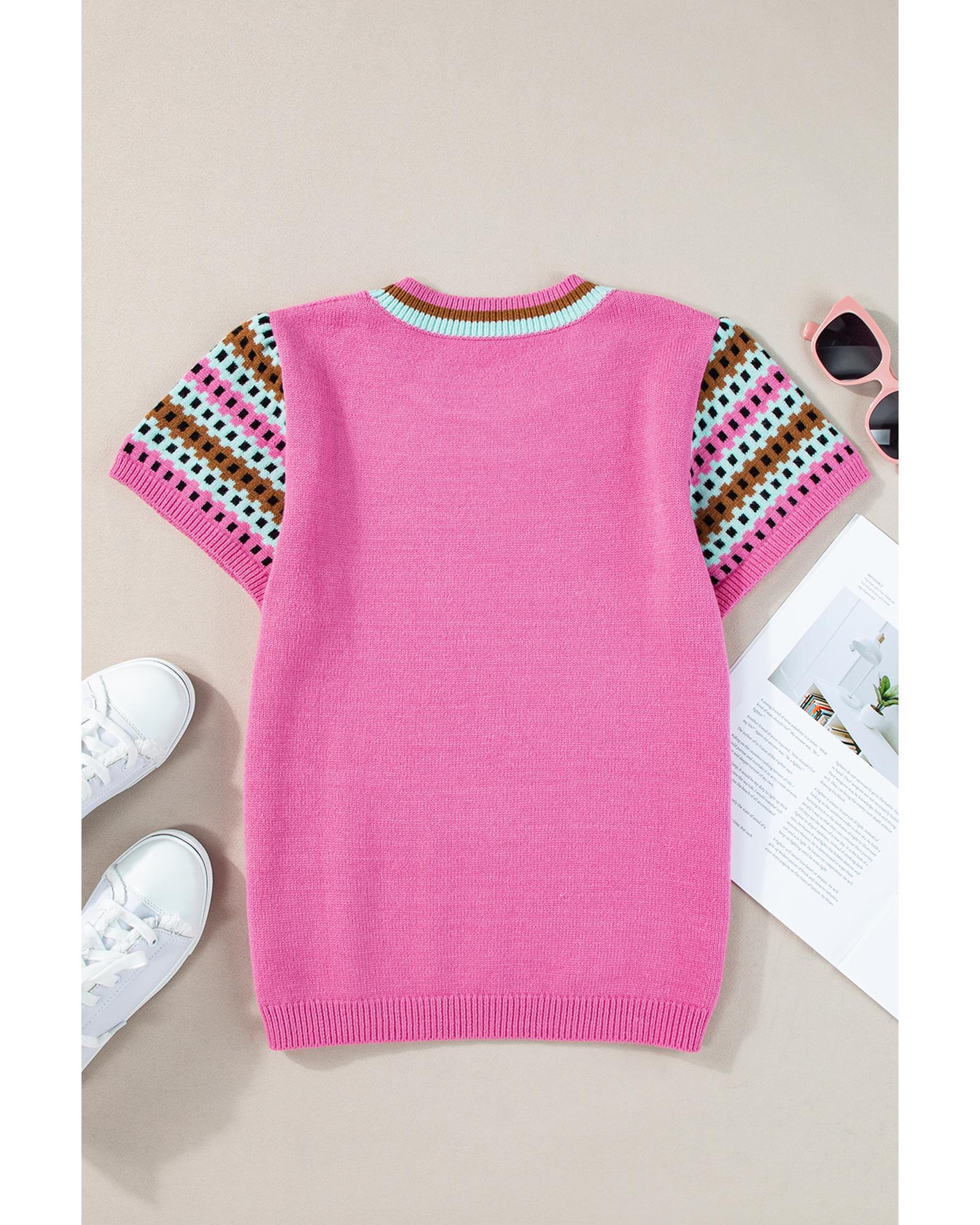 V539-AZEXDC277392-P106-L-202508300120-00 Bright Pink Contrast Printed Cap Sleeves Crewneck Sweater - L - Image 1