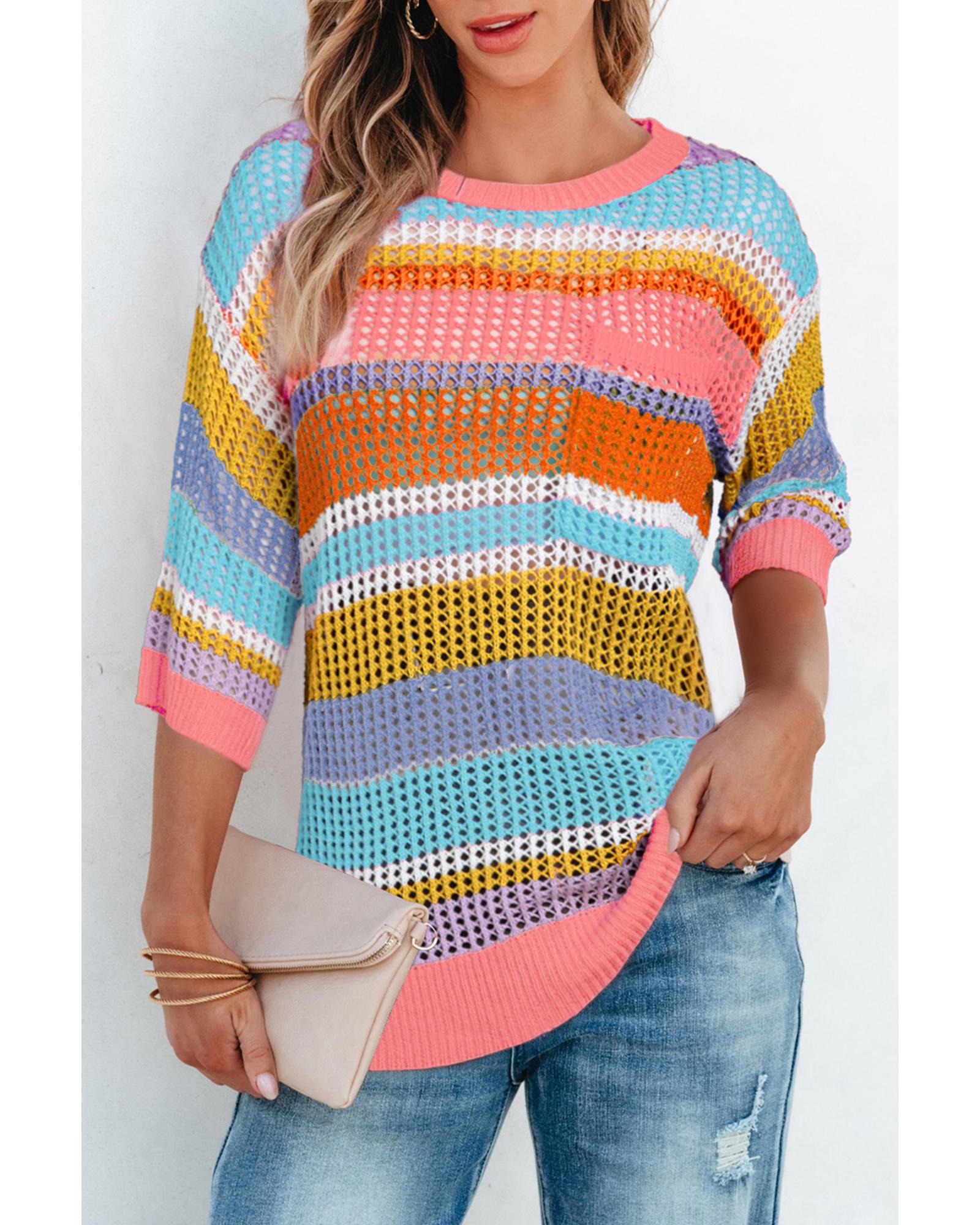 V539-AZEXDC277431-P1019-S-202506141015-00 Pink Stripe Colorblock Hollowed Crochet 3/4 Sleeve Sweater - S - Image 1