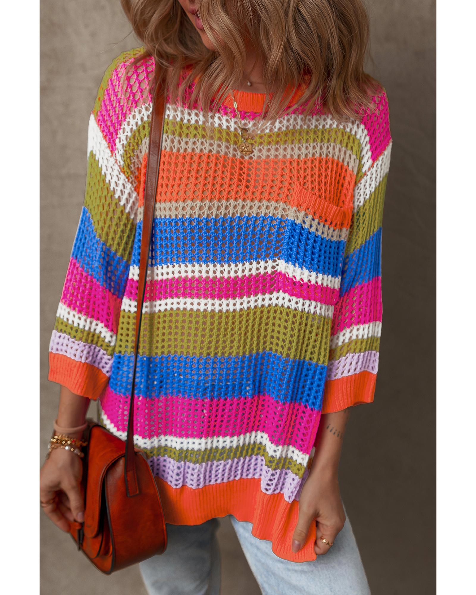 V539-AZEXDC277431-P1419-S-202506141016-00 Orange Stripe Colorblock Hollowed Crochet 3/4 Sleeve Sweater - S - Image 1