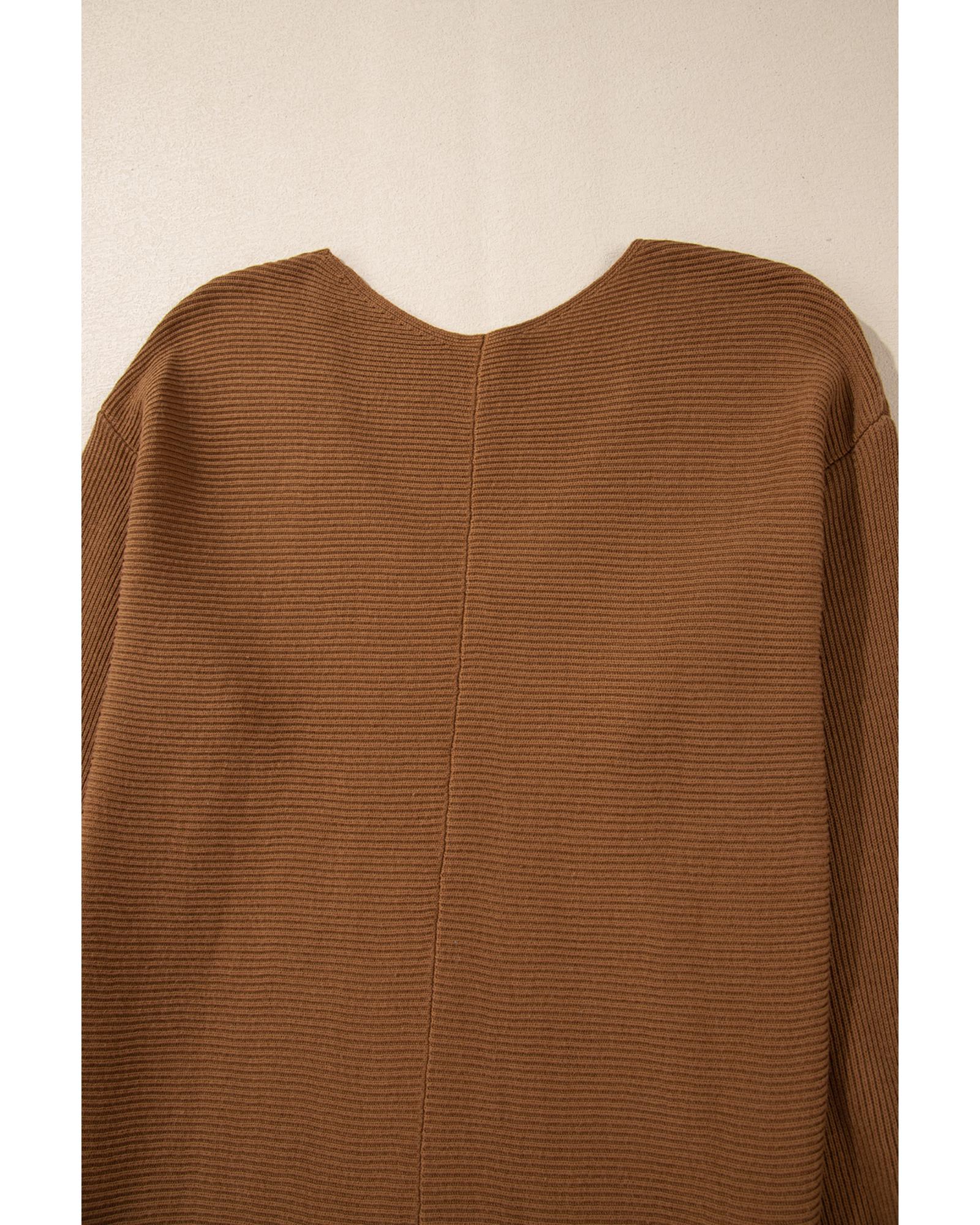 V539-AZEXDC277468-P1016-M-202508291555-00 Camel Ribbed Knit Drop Sleeve V Neck Loose Fit Sweater - M - Image 1