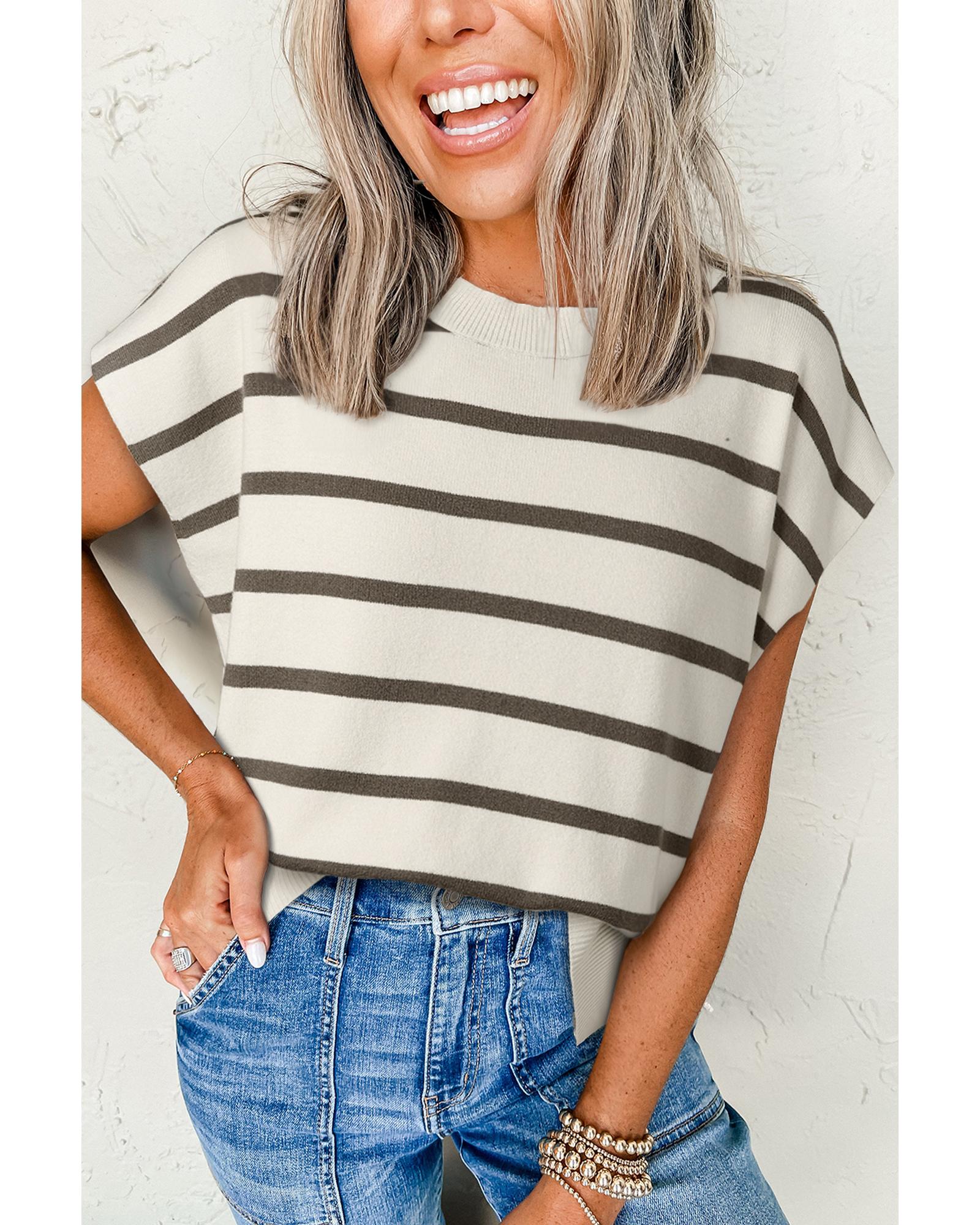 V539-AZEXDC277515-P1719-L-202508282050-00 Azura Exchange Brown Stripe Side Slits Crewneck Short Sleeve Sweater Tee - L - Image 1