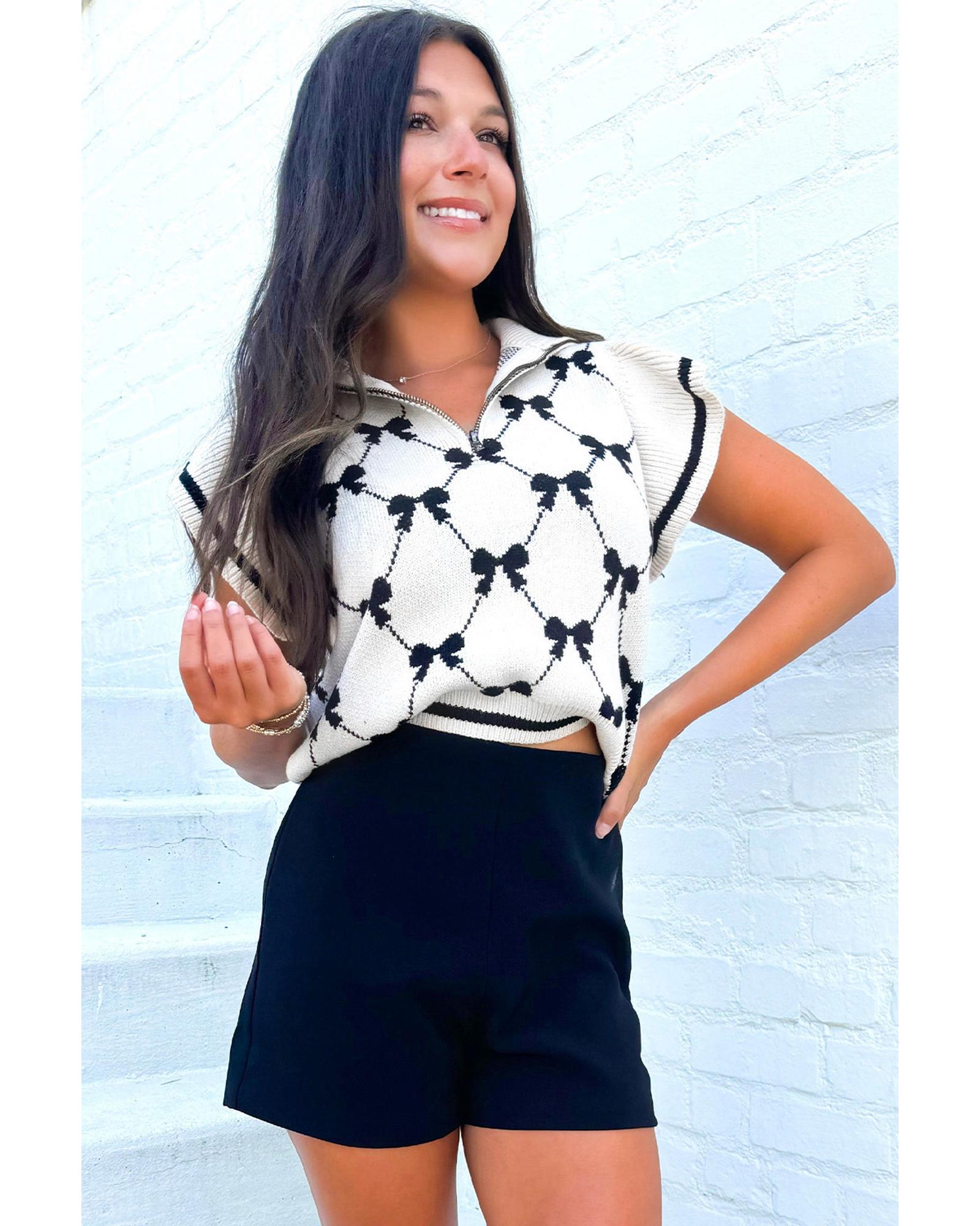 V539-AZEXDC277528-P10222-M-202508291645-00 Black Preppy Vibes Bow Print Zipped Collar Sweater Tee - M - Image 1