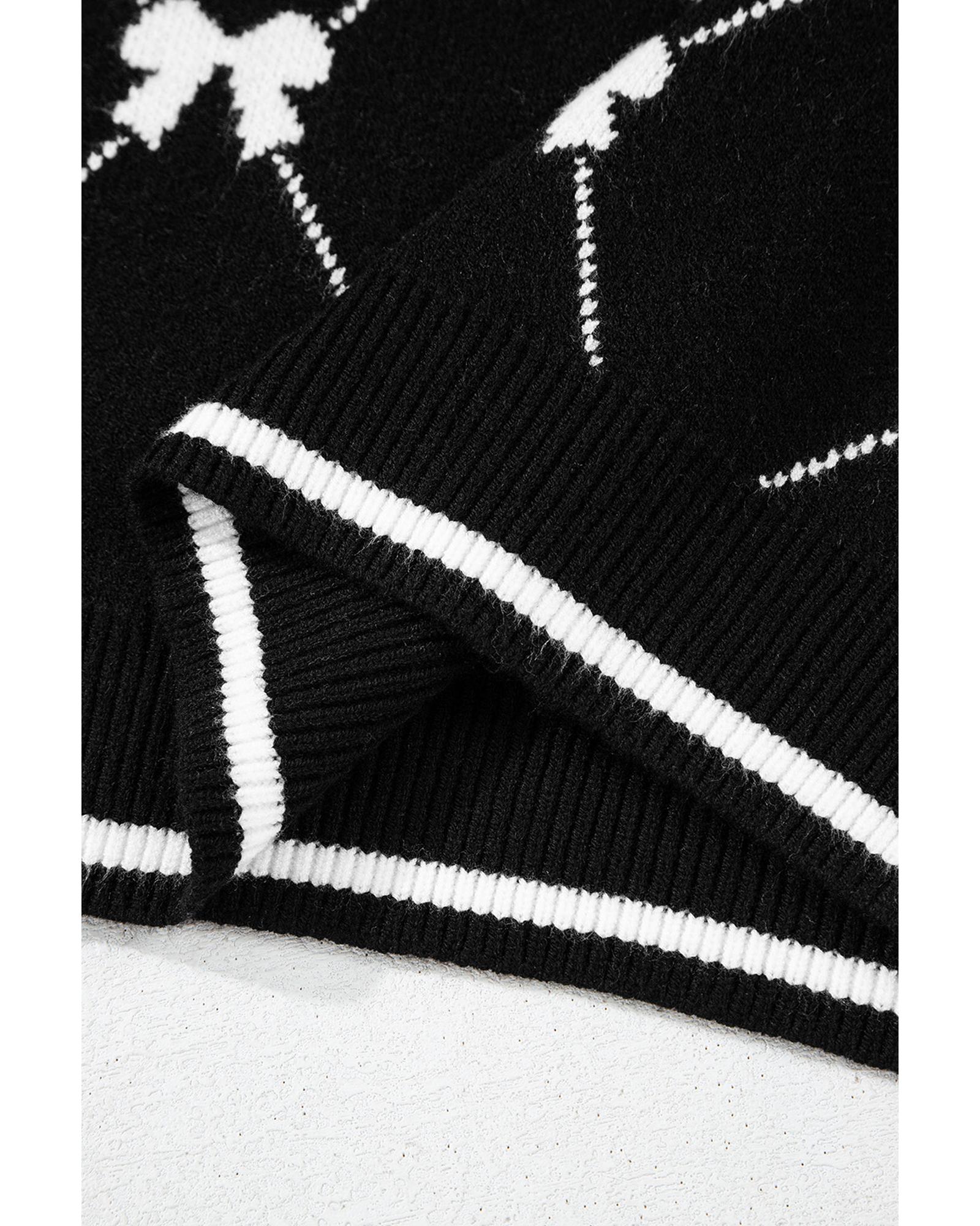 V539-AZEXDC277528-P222-M-202508292155-00 Black Preppy Vibes Bow Print Zipped Collar Sweater Tee - M - Image 1