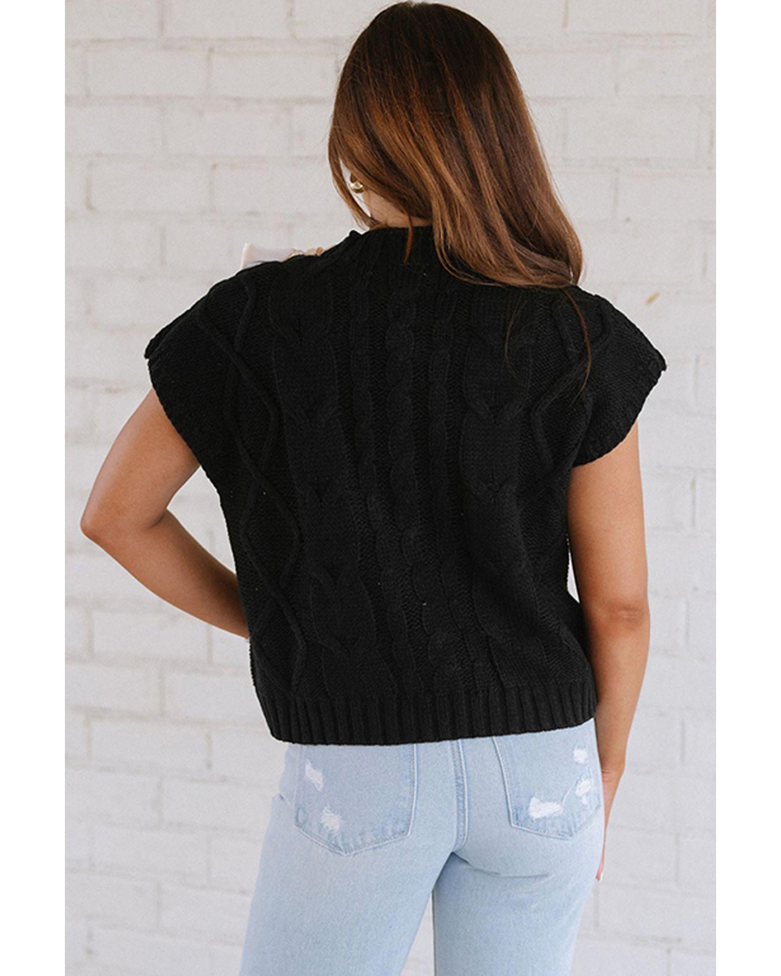 V539-AZEXDC277536-P2-L-202508280045-00 Black Cable Knit Colorblock Satin Bowknot Short Sleeve Sweater - L - Image 1