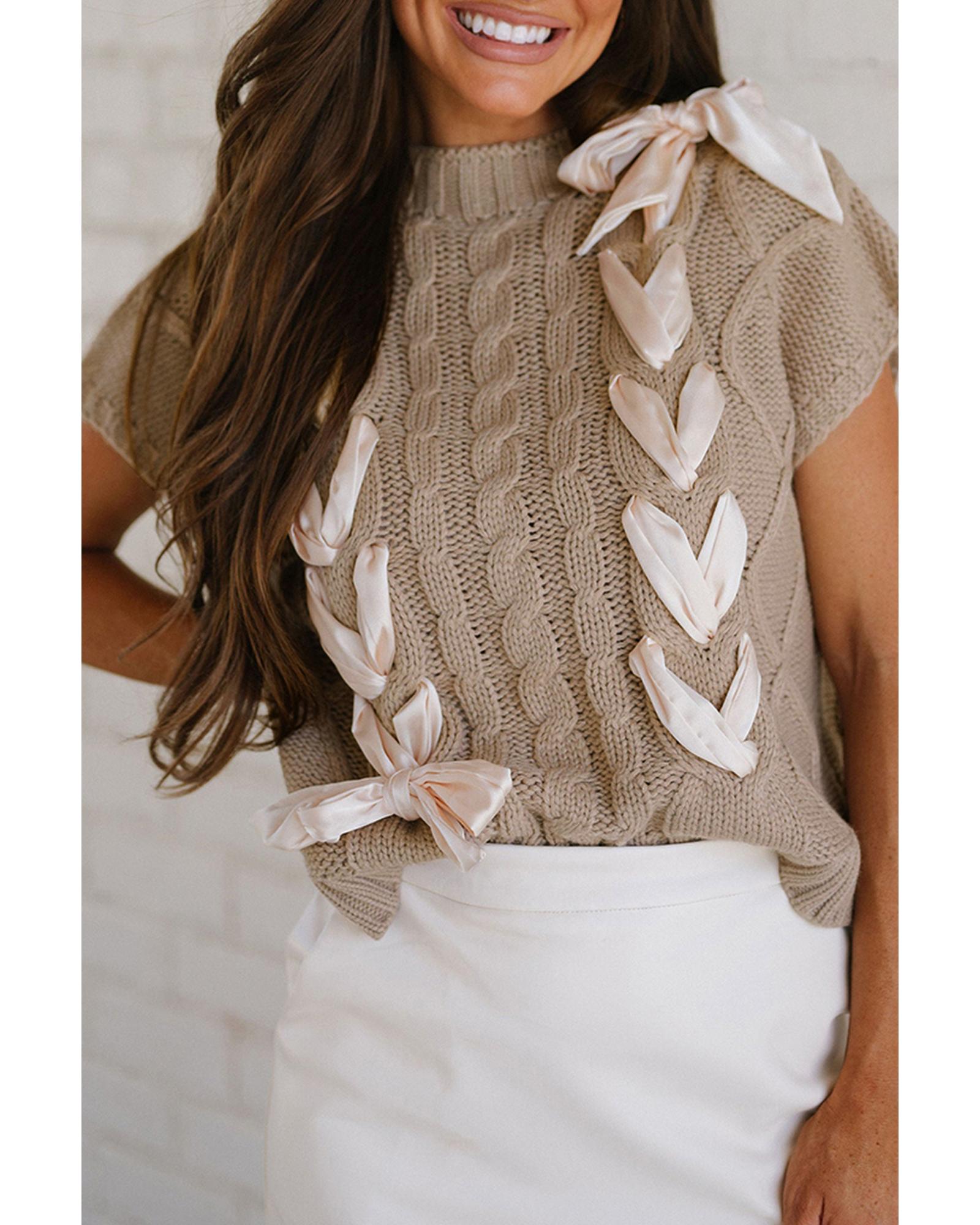 V539-AZEXDC277536-P6017-L-202508280610-00 Simply Taupe Cable Knit Colorblock Satin Bowknot Short Sleeve Sweater - L - Image 1