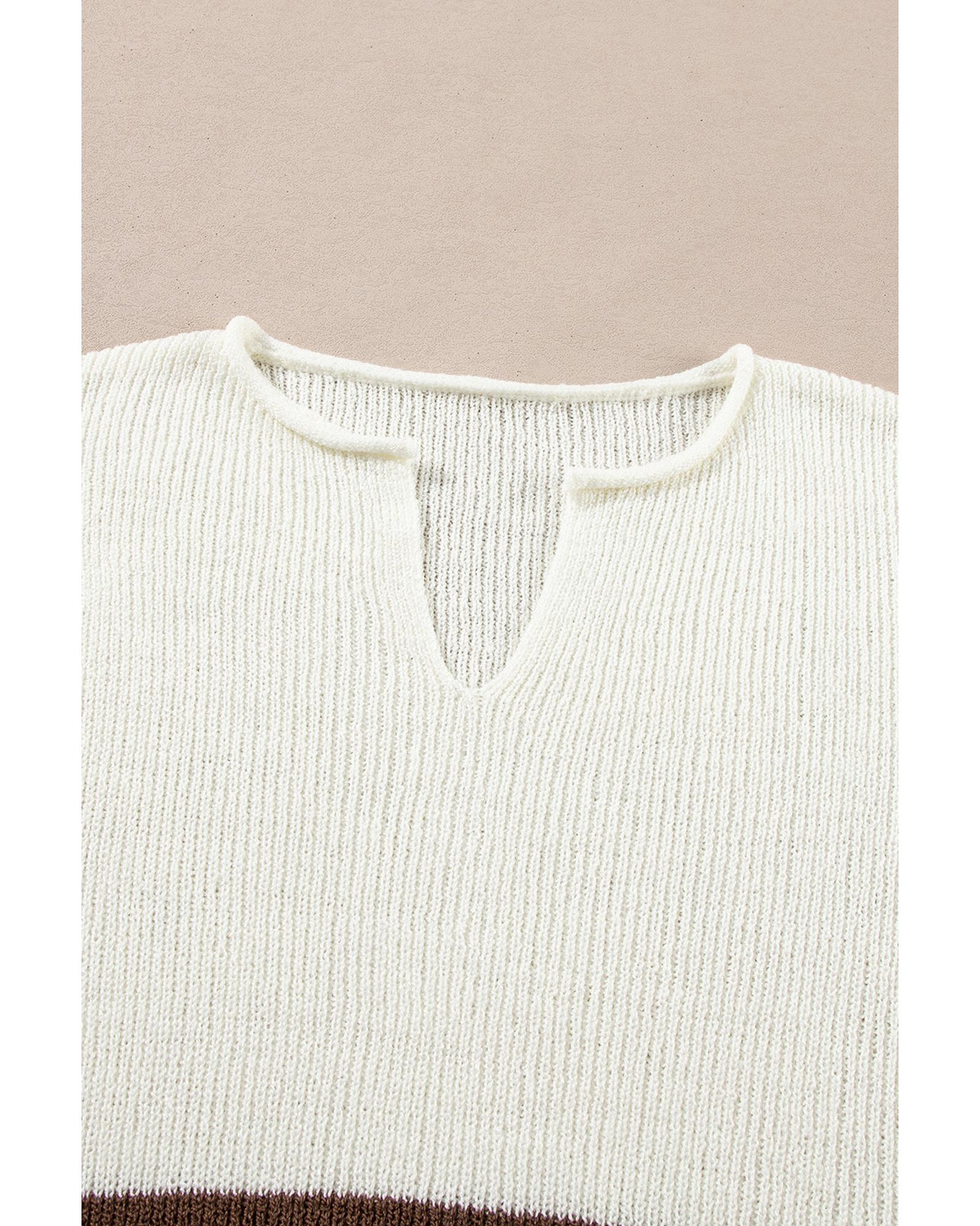 V539-AZEXDC277559-P1719-L-202508290240-00 Brown Striped Accent Notched V Neck Cropped Sweater T Shirt - L - Image 1