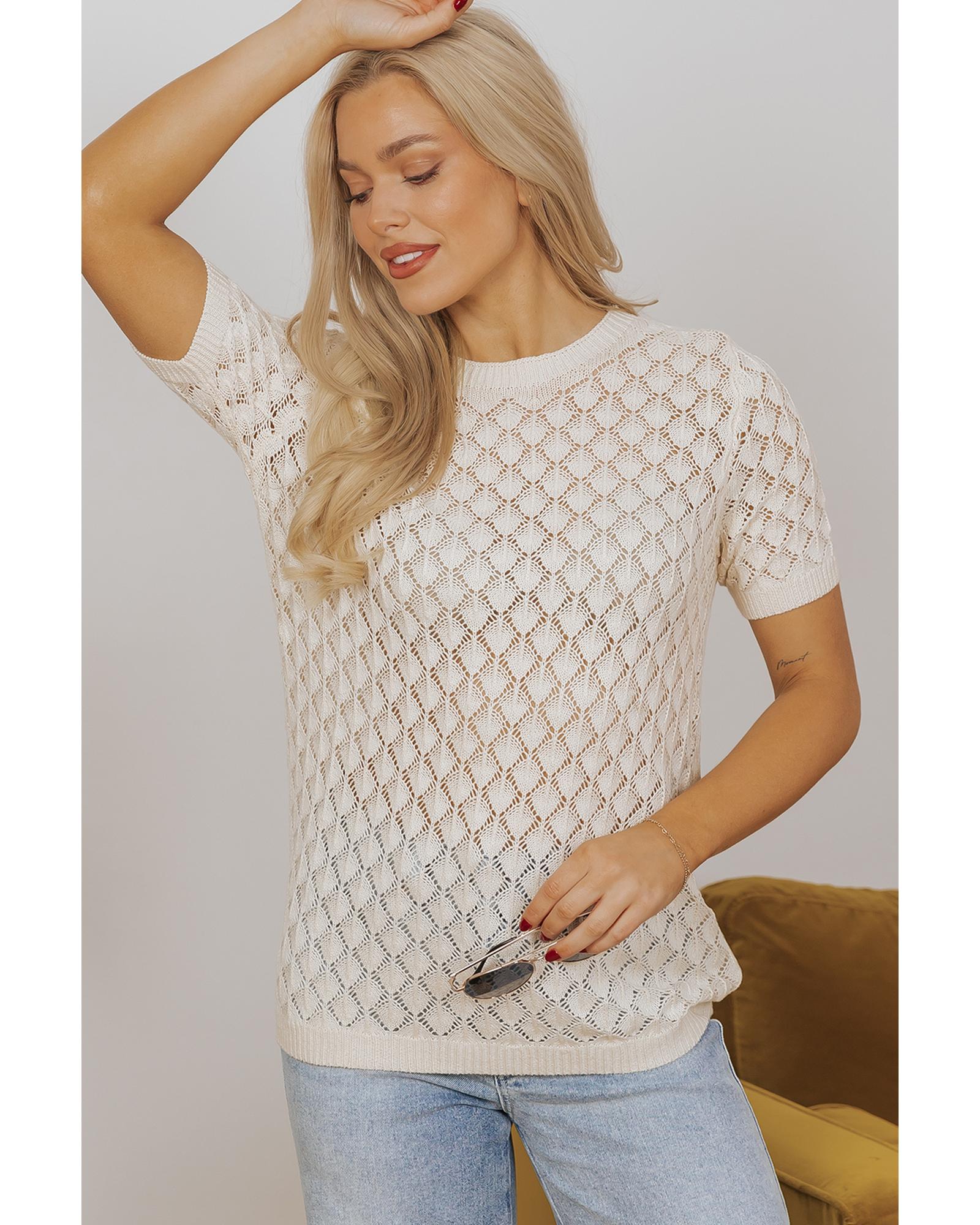 V539-AZEXDC277567-P15-XL-202508300400-00 Beige Hollow Out Crochet O Neck Short Sleeve Sweater Tee - XL - Image 1