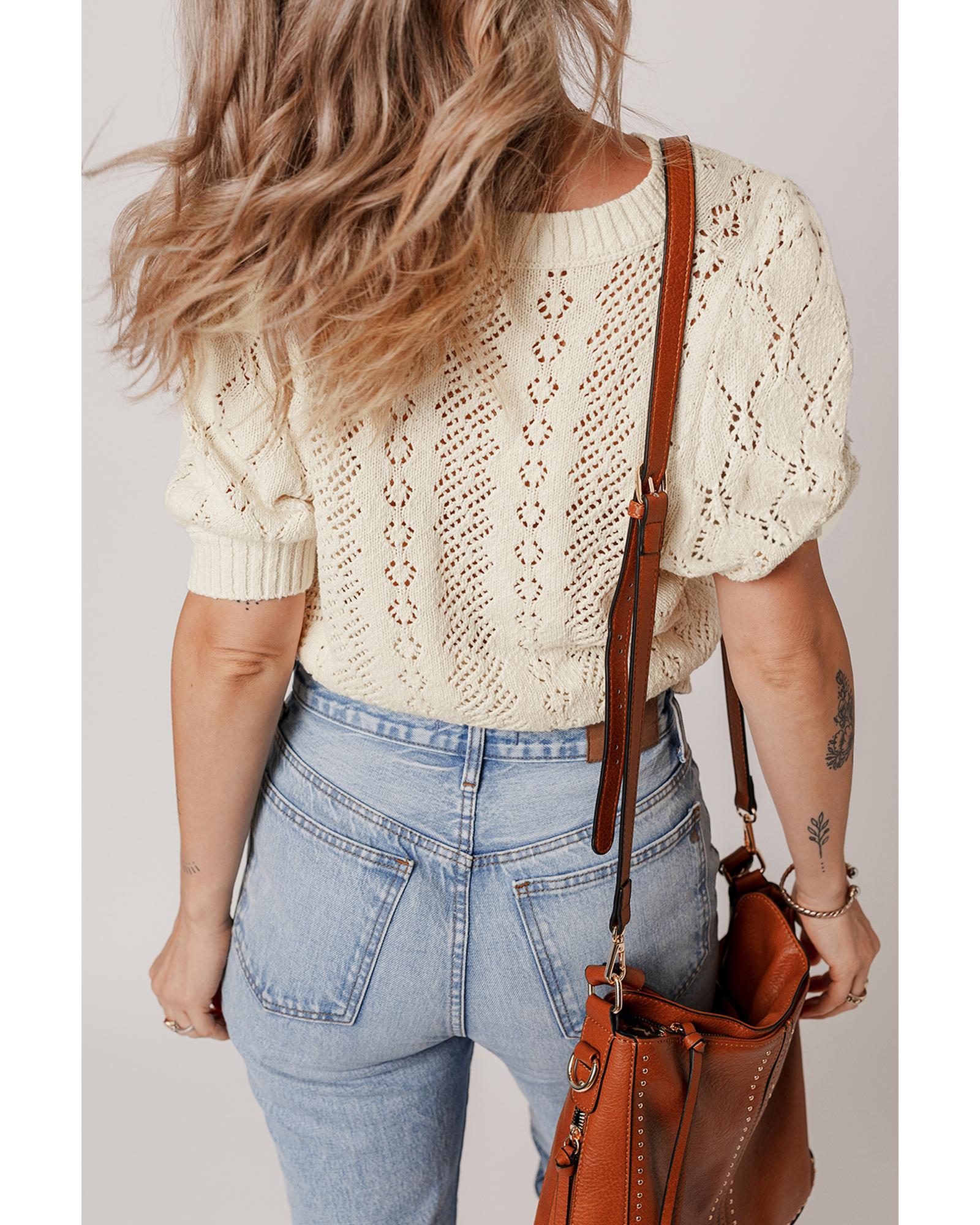 V539-AZEXDC277692-P15-XL-202506140741-00 Beige Hollowed Pattern Knit Short Puff Sleeve Sweater - XL - Image 1