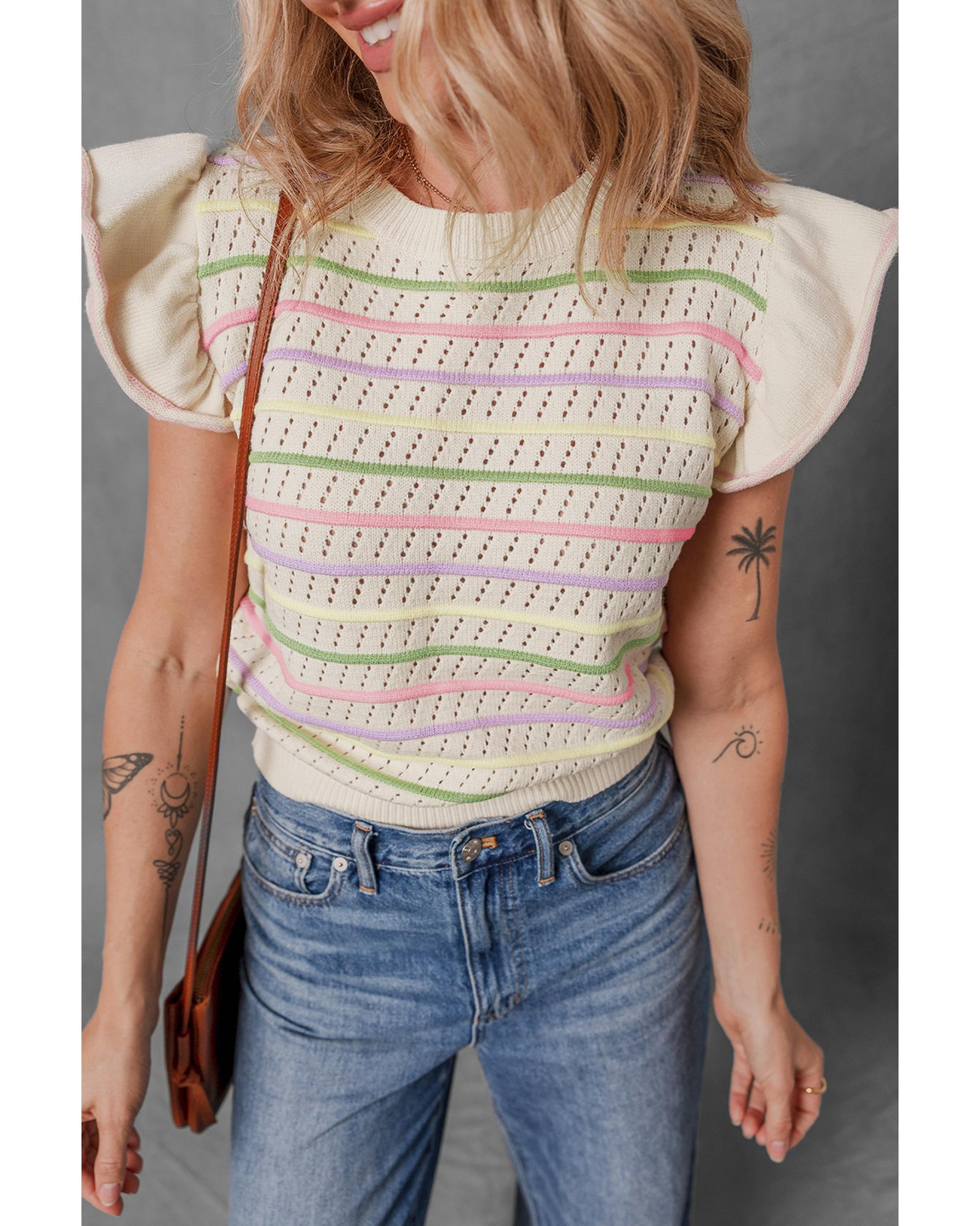 V539-AZEXDC277710-P1015-XL-202508280135-00 Oatmeal Colorful Striped Eyelet Knit Ruffled Sleeve Sweater T Shirt - XL - Image 1
