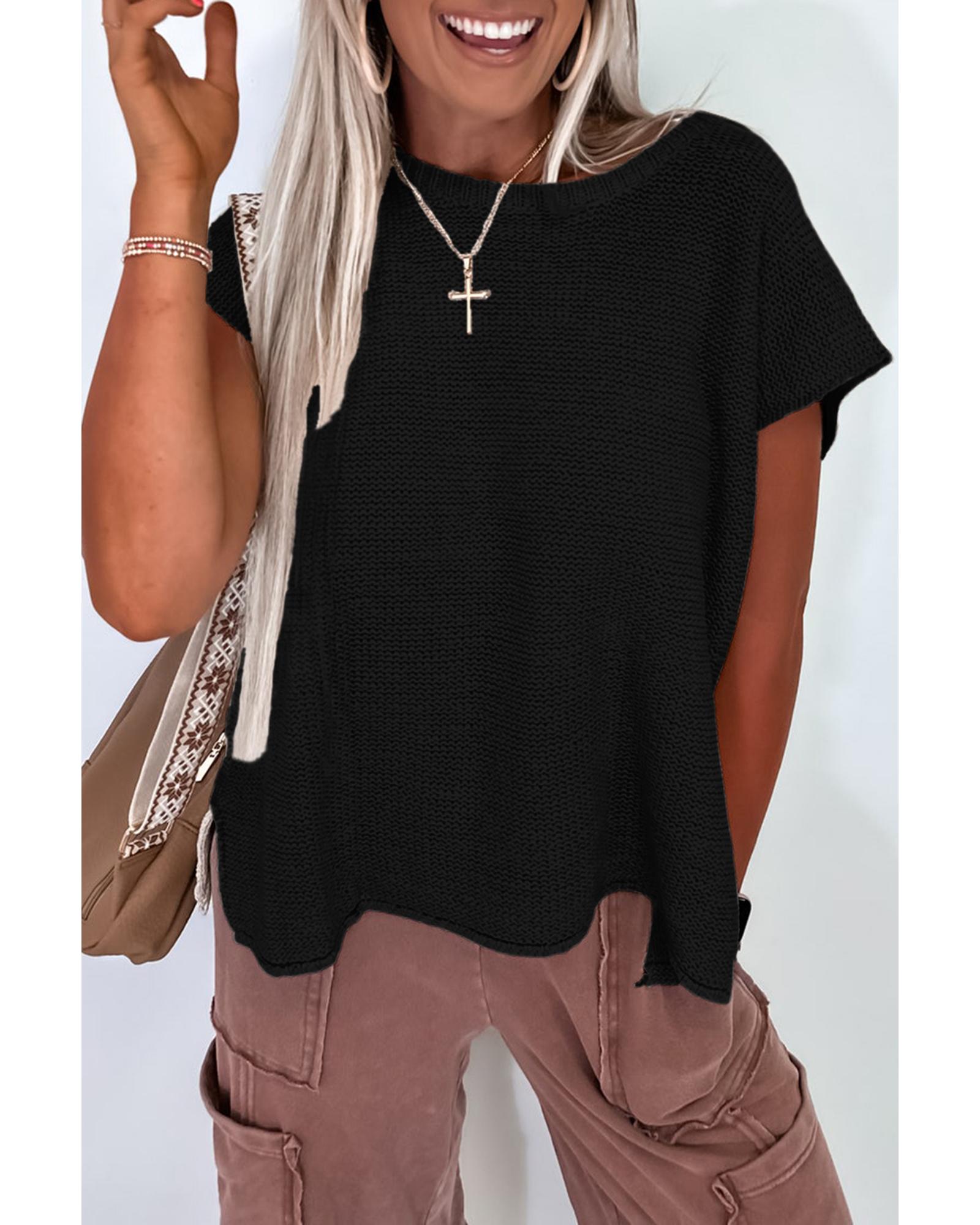 V539-AZEXDC277740-P2-L-202508282030-00 Black Solid Color Sweater Tee with Side Slits - L - Image 1