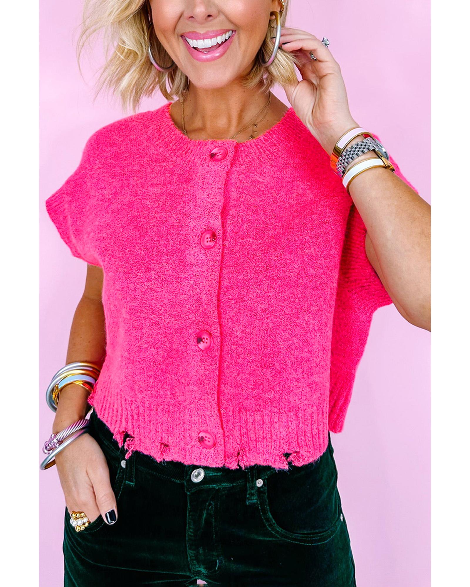 V539-AZEXDC277778-P106-L-202508291625-00 Bright Pink Distressed Hem Short Sleeve Knitted Button Front Sweater - L - Image 1