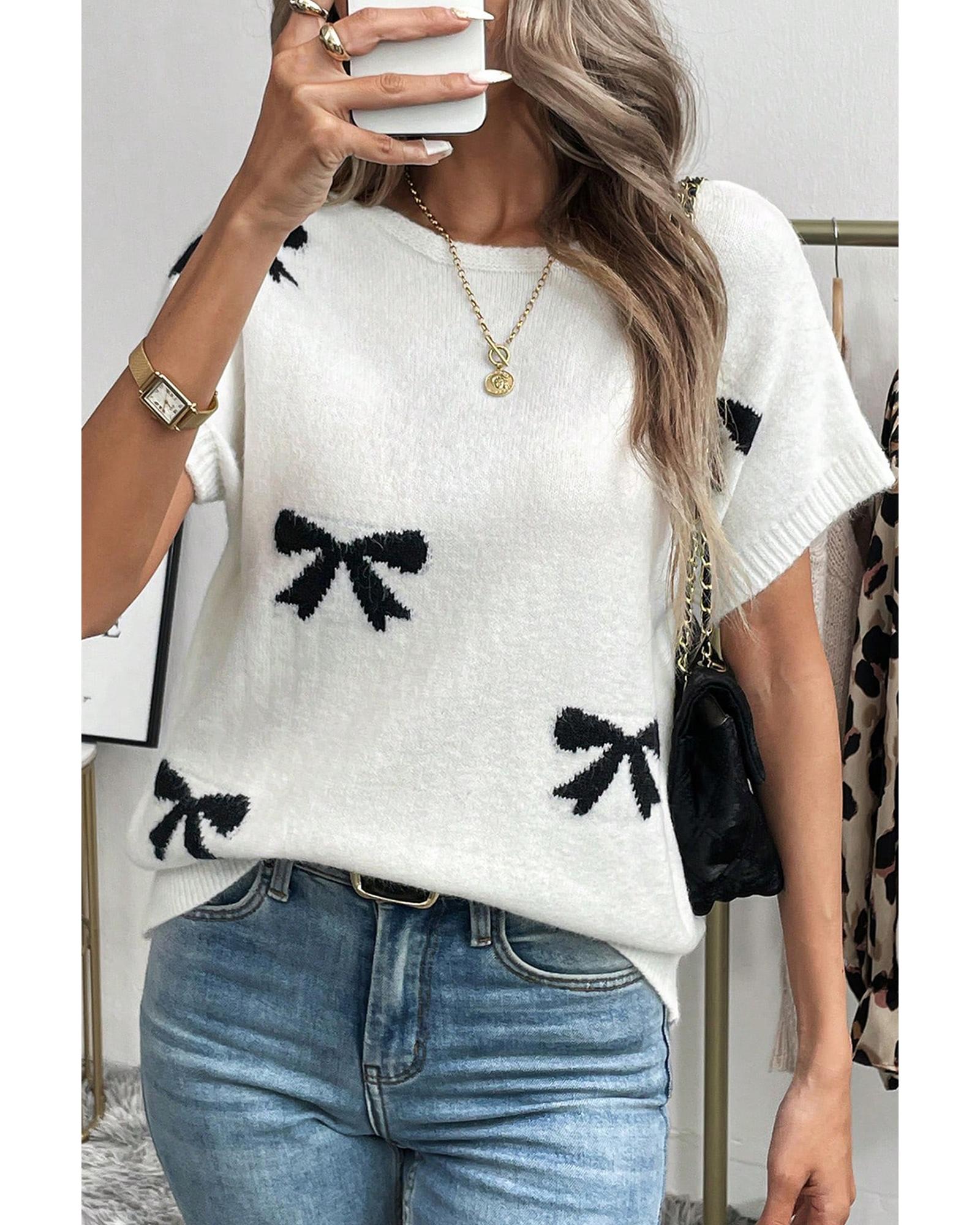 V539-AZEXDC277801-P222-L-202508282030-00 Black Bow Pattern Knit Short Sleeve Sweater - L - Image 1