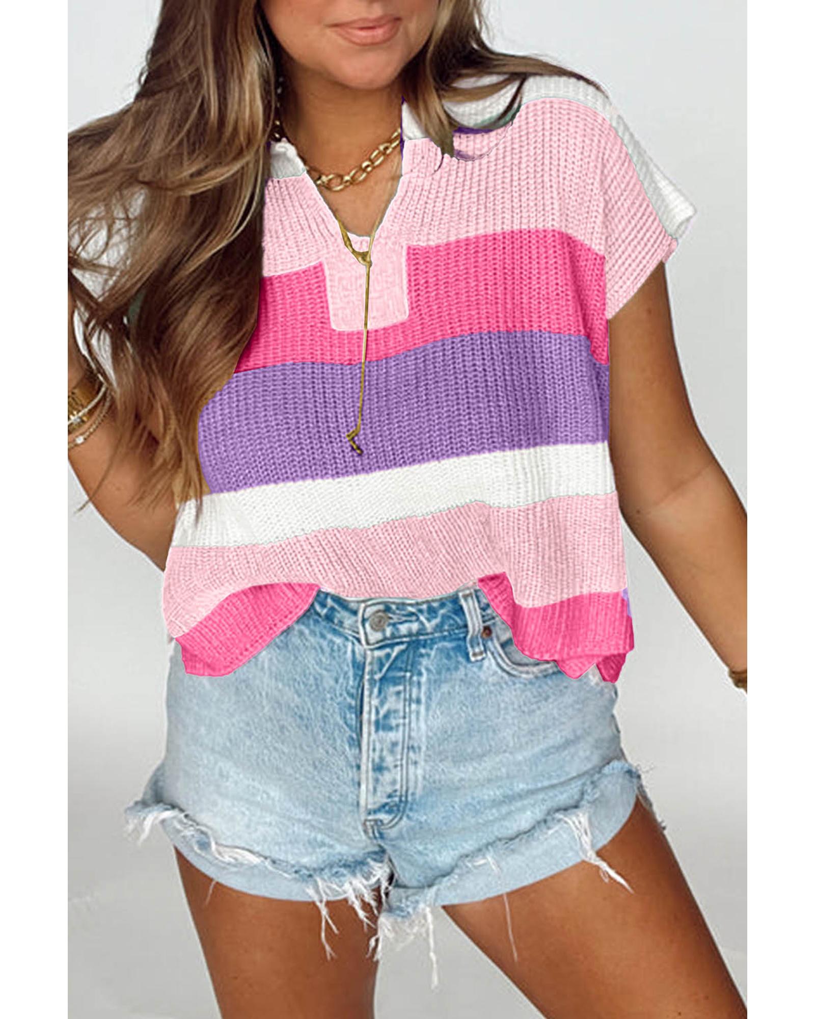 V539-AZEXDC277874-P1022-S-202508280350-00 Pink Color Block Notch V Neck Sweater T Shirt - S - Image 1