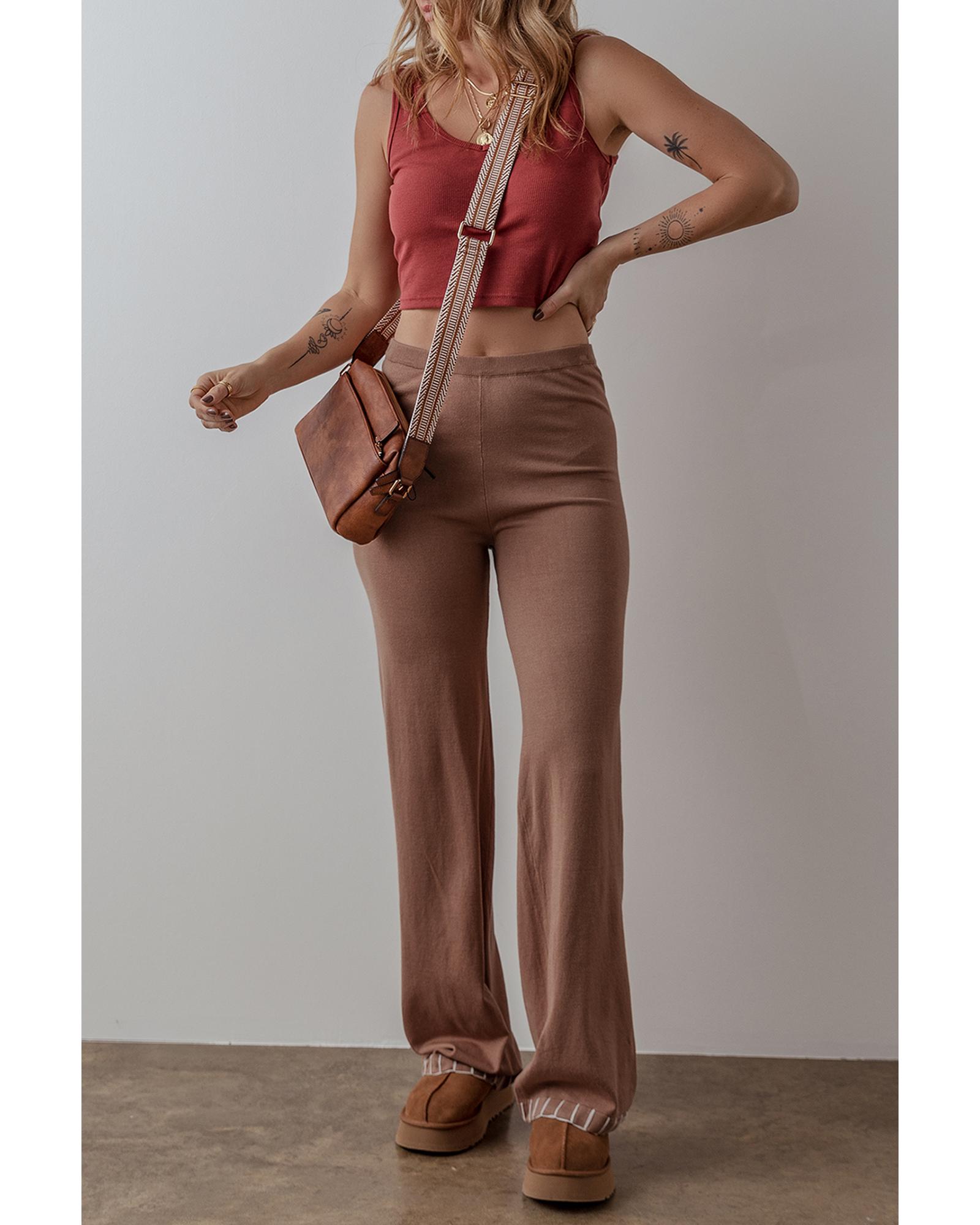 V539-AZEXDC278014-P8016-S-202506140930-00 Straw Yellow High Waist Straight Leg Knitted Pants - S - Image 1