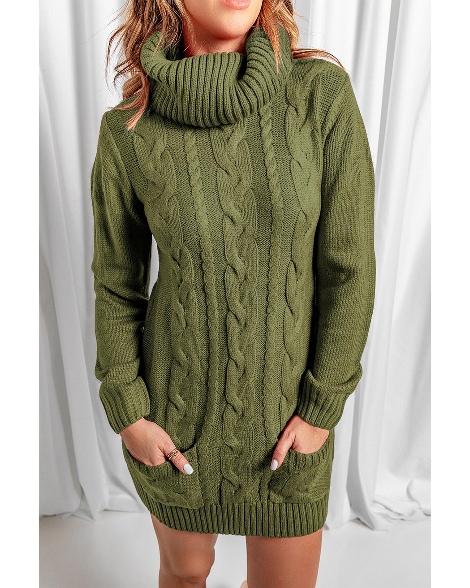 V539-AZEXDC27836-9M-202508300605-00 Azura Exchange Olive Cowl Neck Cable Knit Sweater Dress - M - Image 1