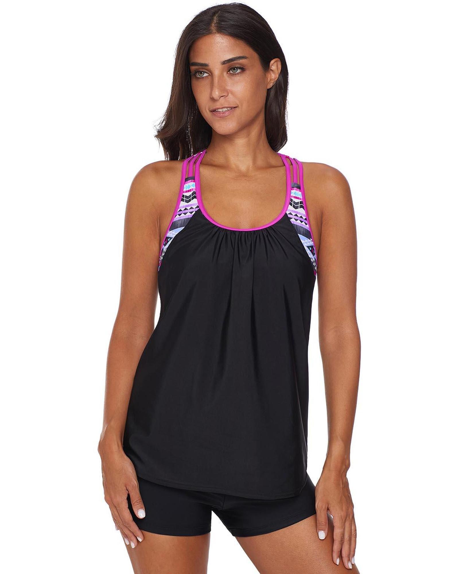 V539-AZEXDC411732-6-S-202506141036-00 Rose Blouson Striped Printed Strappy T-Back Push up Tankini Top - S - Image 1