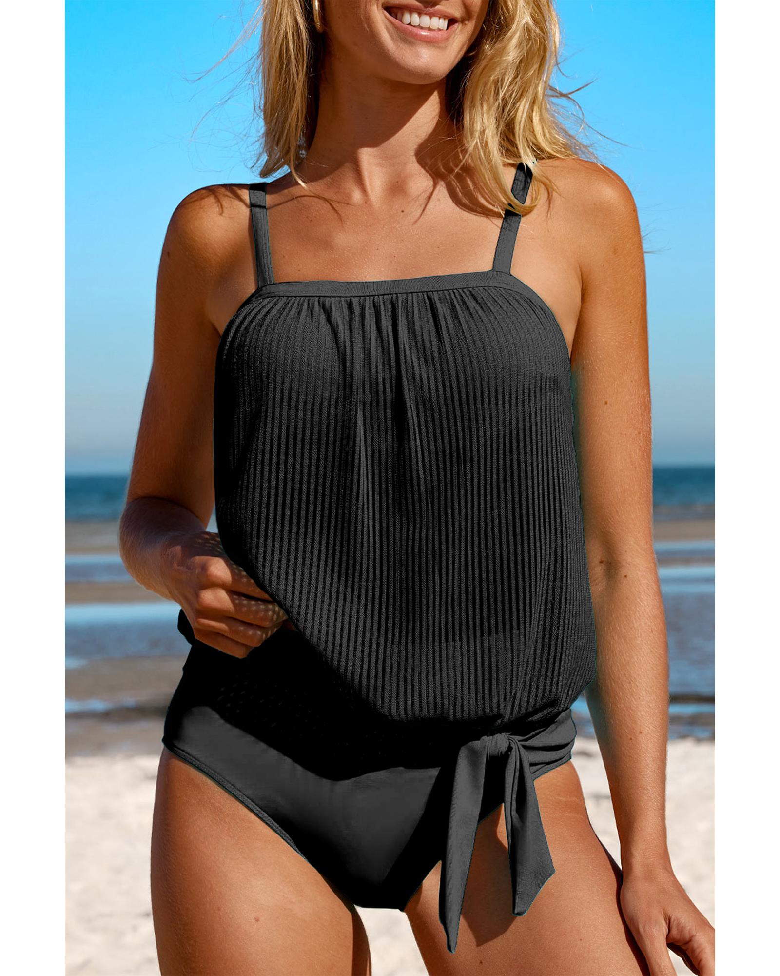 V539-AZEXDC415984-P2-M-202508292045-00 Black Striped Mesh Knotted Hem Tankini Swimsuit - M - Image 1