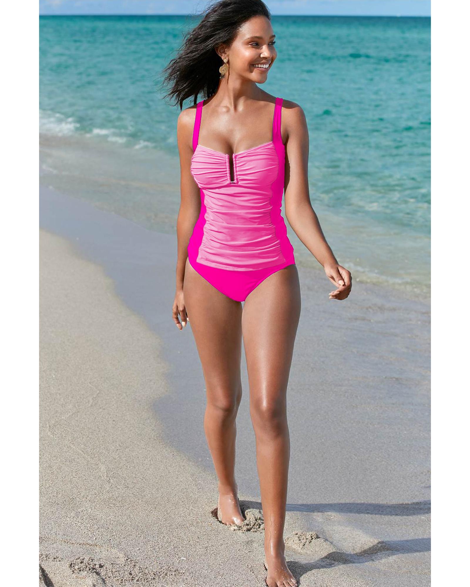 V539-AZEXDC416235-P3010-L-202508282020-00 Bonbon Ruched Tummy Control Tankini 2pcs Swimsuit - L - Image 1