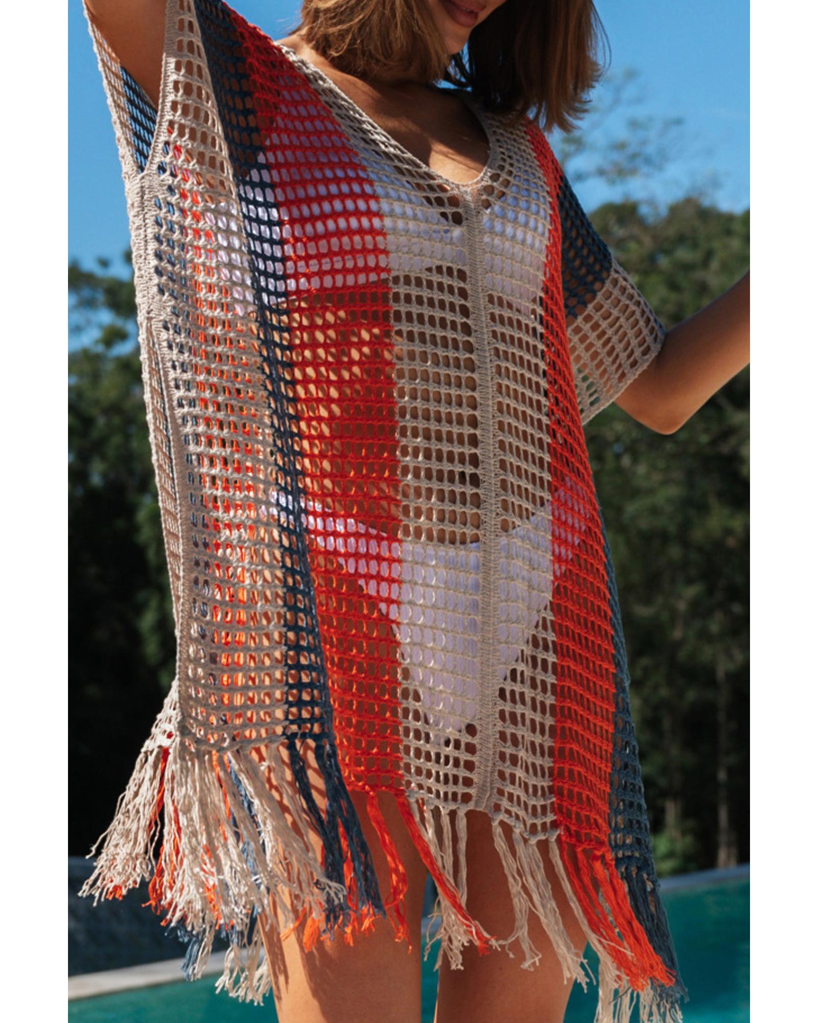 V539-AZEXDC421749-22-M-202508281445-00 Multicolor Striped Tassel Crochet V Neck Beach Cover Up - M - Image 1