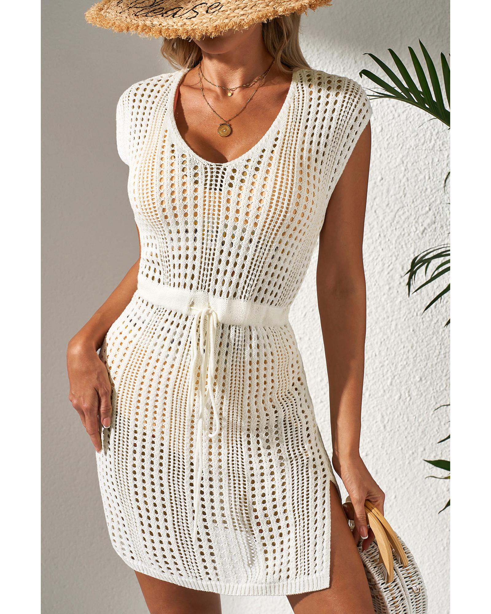V539-AZEXDC422124-P15-XL-202508281110-00 Beige Open Knit Drawstring Waist Beach Dress - XL - Image 1