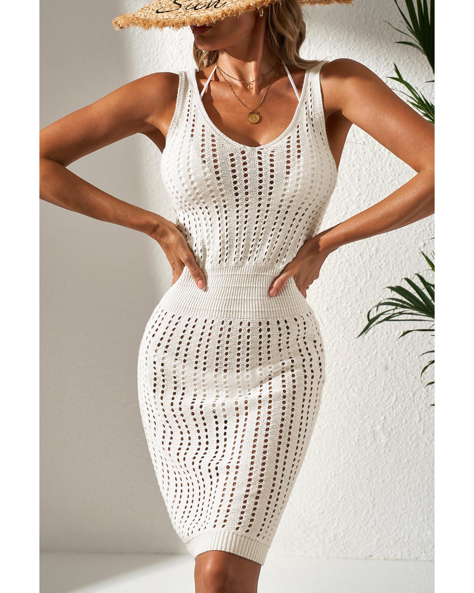 V539-AZEXDC422263-P1-S-202506140837-00 White Eyelet Crochet Sleeveless V Neck Beach Dress - S - Image 1