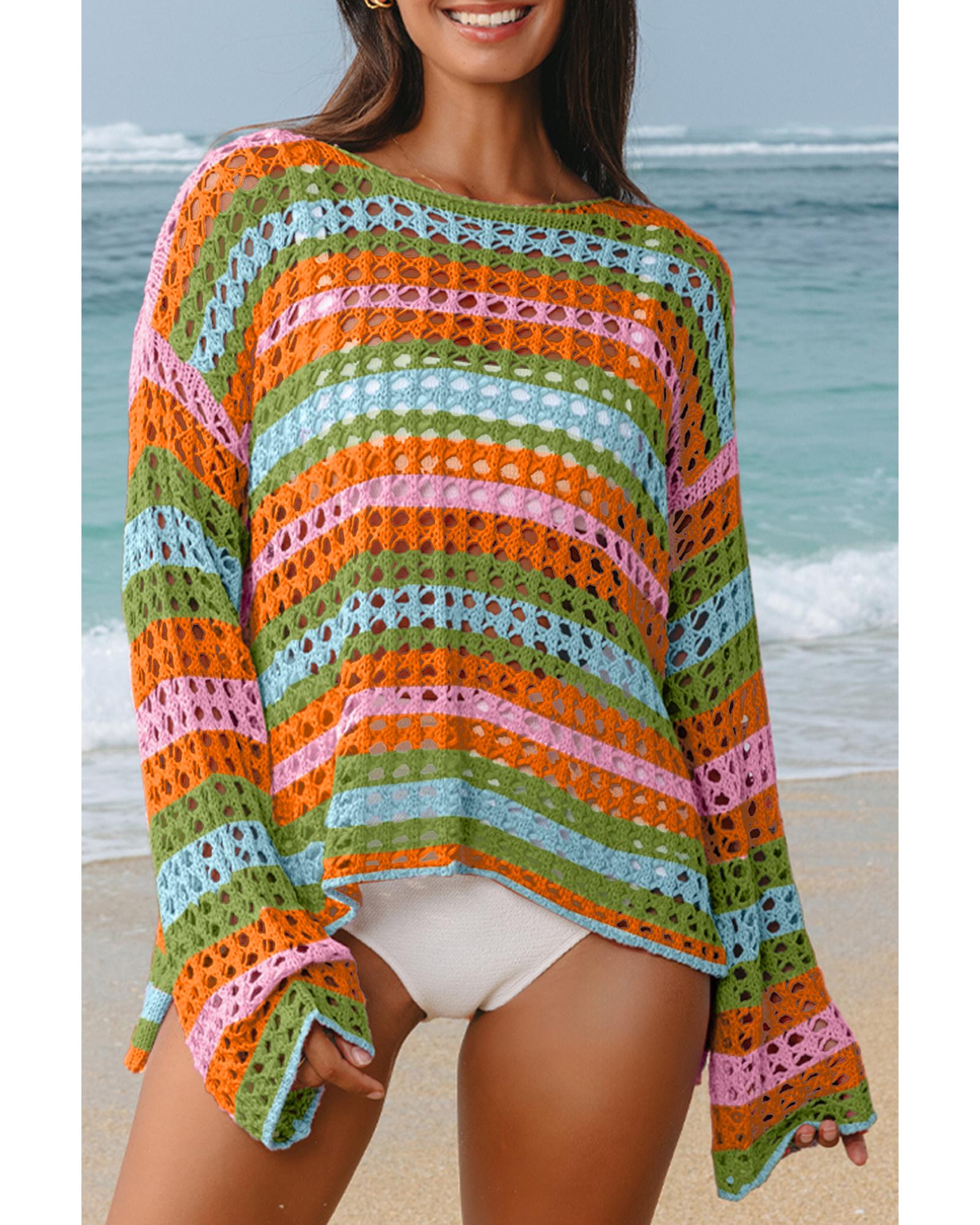 V539-AZEXDC422292-P1014-L-202508291315-00 Carrot Multi Stripe Open Knit Sweater Beach Cover Up - L - Image 1