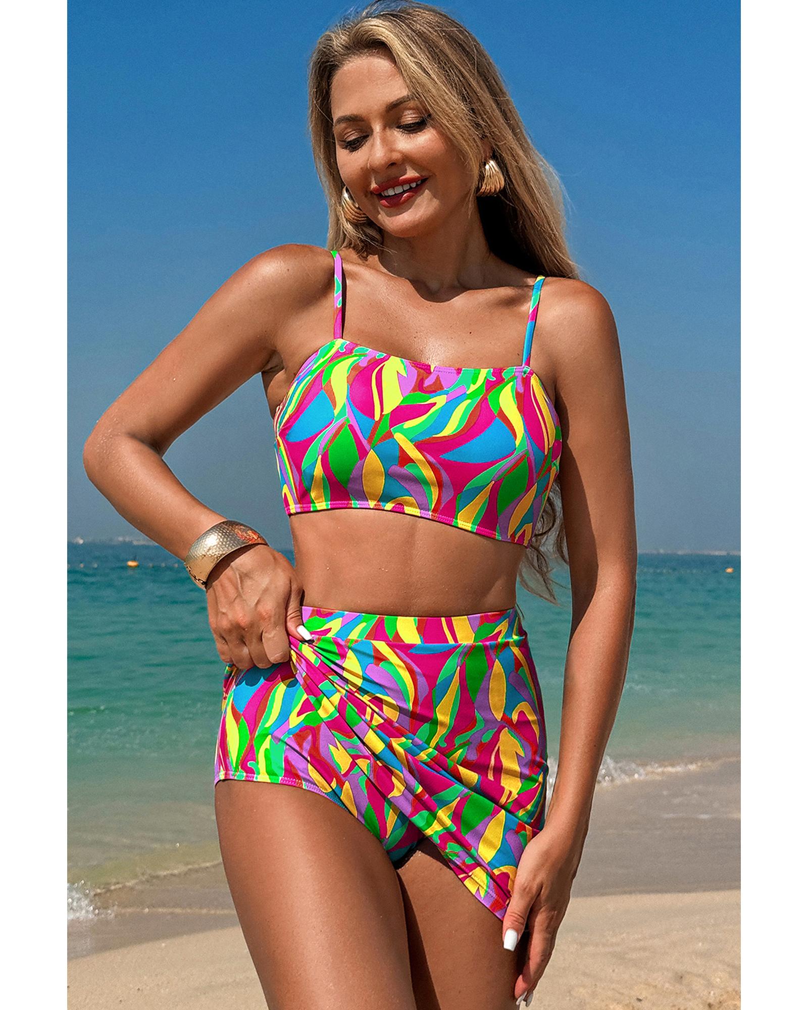 V539-AZEXDC434430-P22-XL-202508291250-00 Multicolour Abstract Print Textured Spaghetti Strap High Waist Bikini Set - XL - Image 1