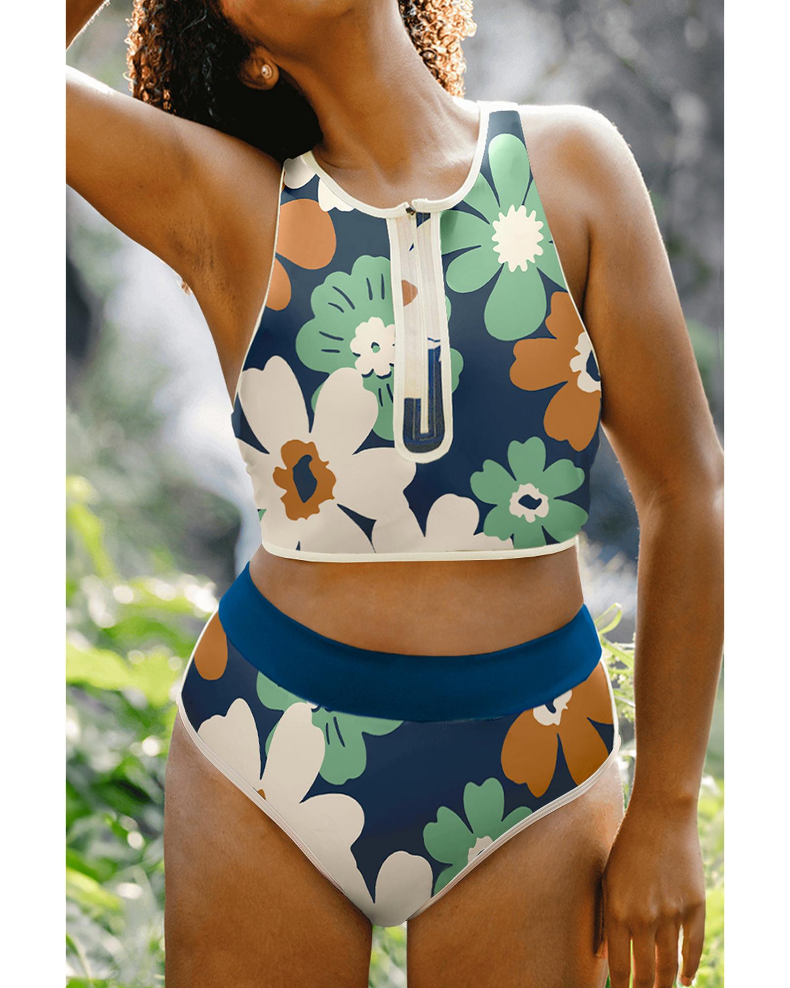 V539-AZEXDC434665-P520-XL-202508300610-00 Blue Flower Zip up Racerback High Waisted Bikini - XL - Image 1